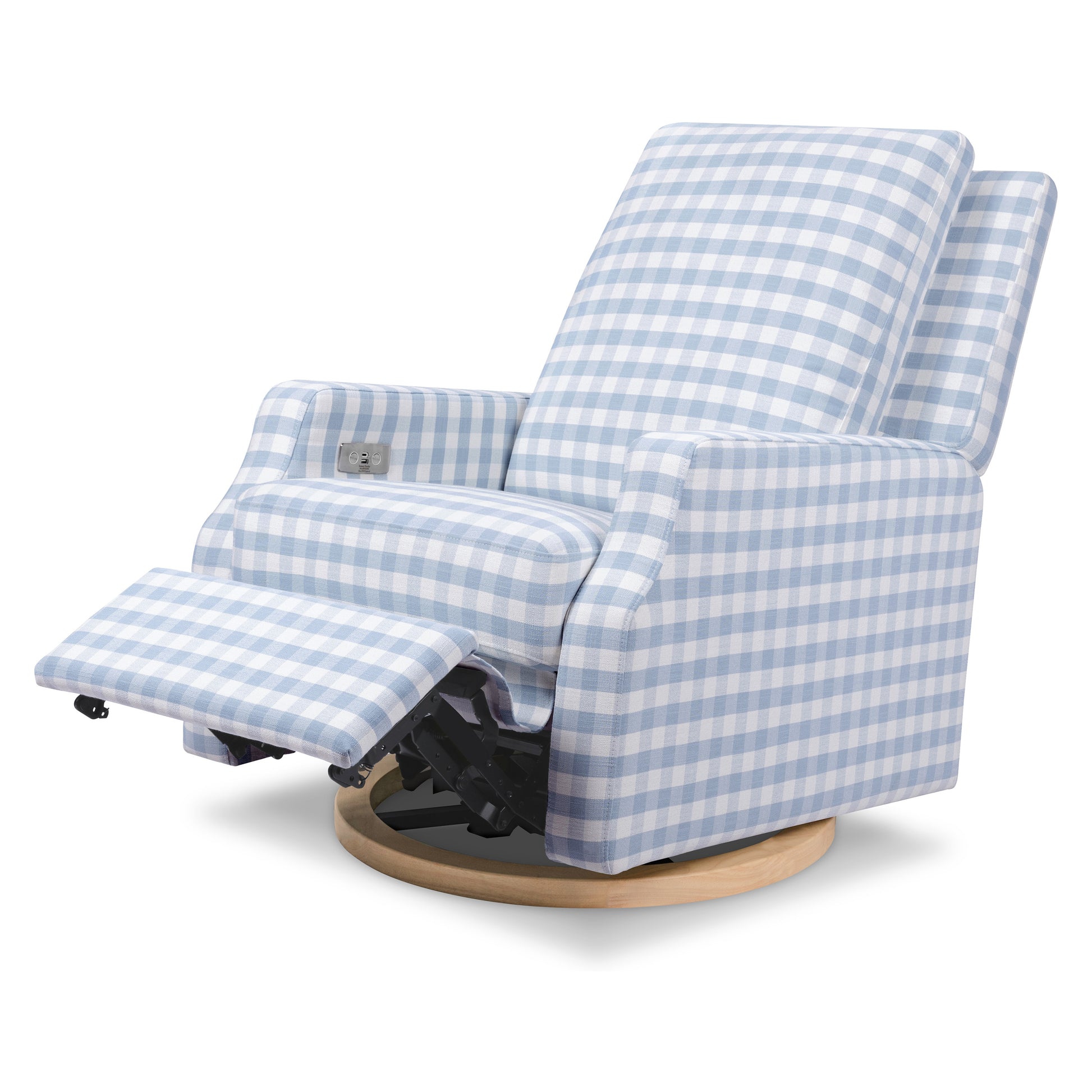 M22286BGHLB,Crewe Electronic Swivel Glider Recliner in Blue Gingham with Light Wood Base