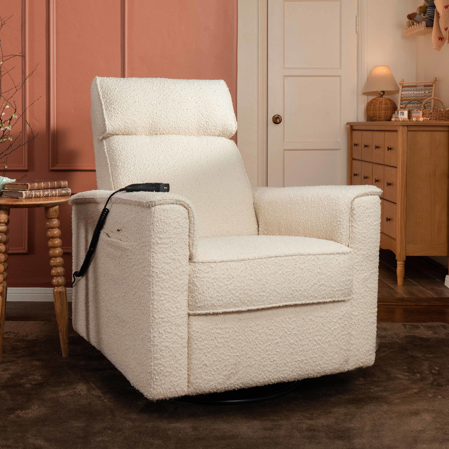 M17183PWB,Namesake,Willa Deluxe Power Glider Recliner w/Heat&Massage in Performance Ivory Boucle