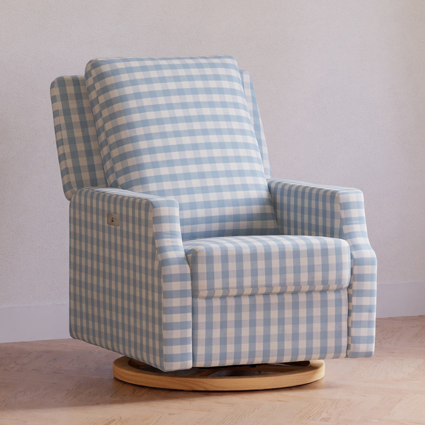 M22286BGHLB,Namesake,Crewe Electronic Swivel Glider Recliner in Blue Gingham with Light Wood Base