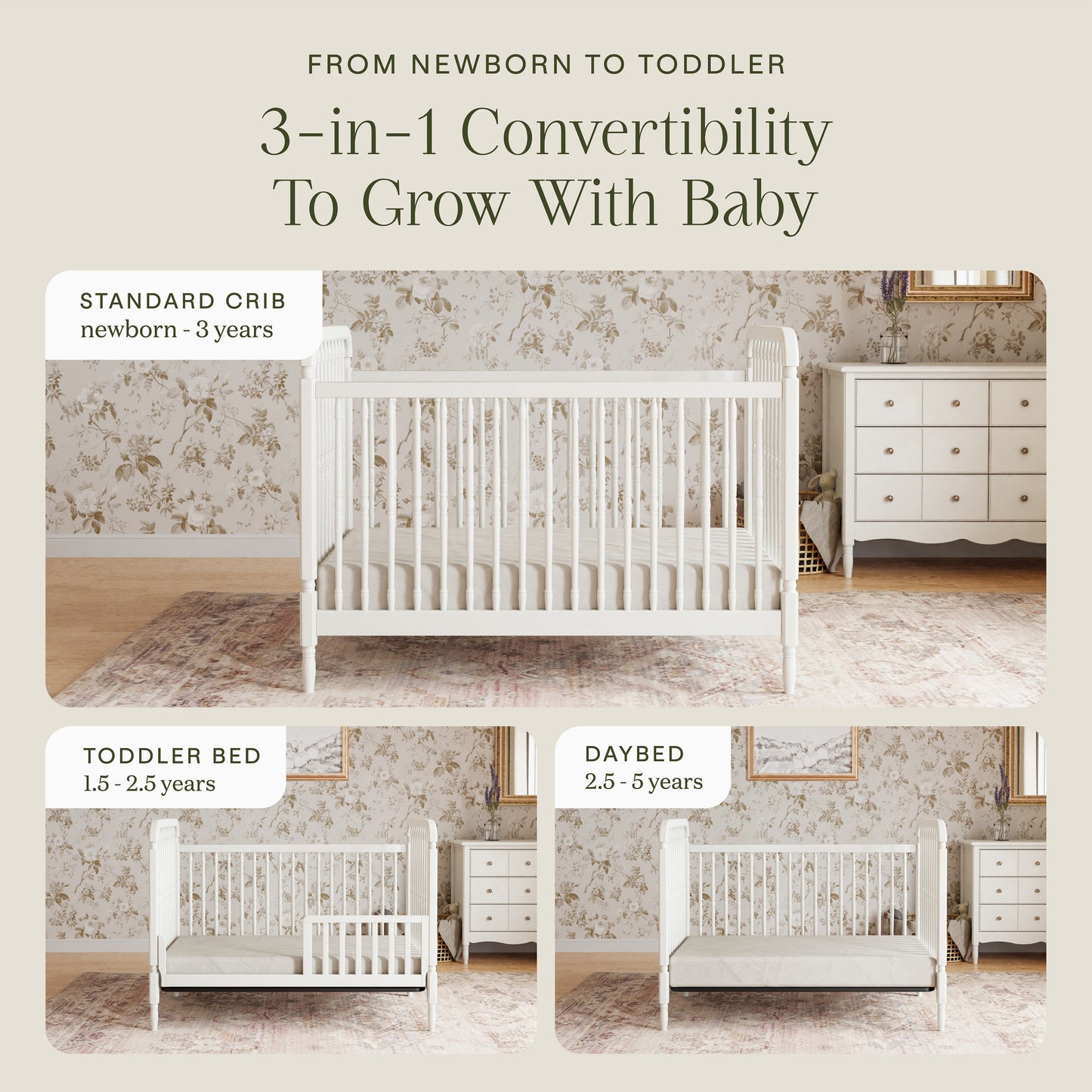 M7101RW,Namesake,Liberty 3-in-1 Convertible Spindle Crib w/Toddler Bed Conversion Kit in Warm White