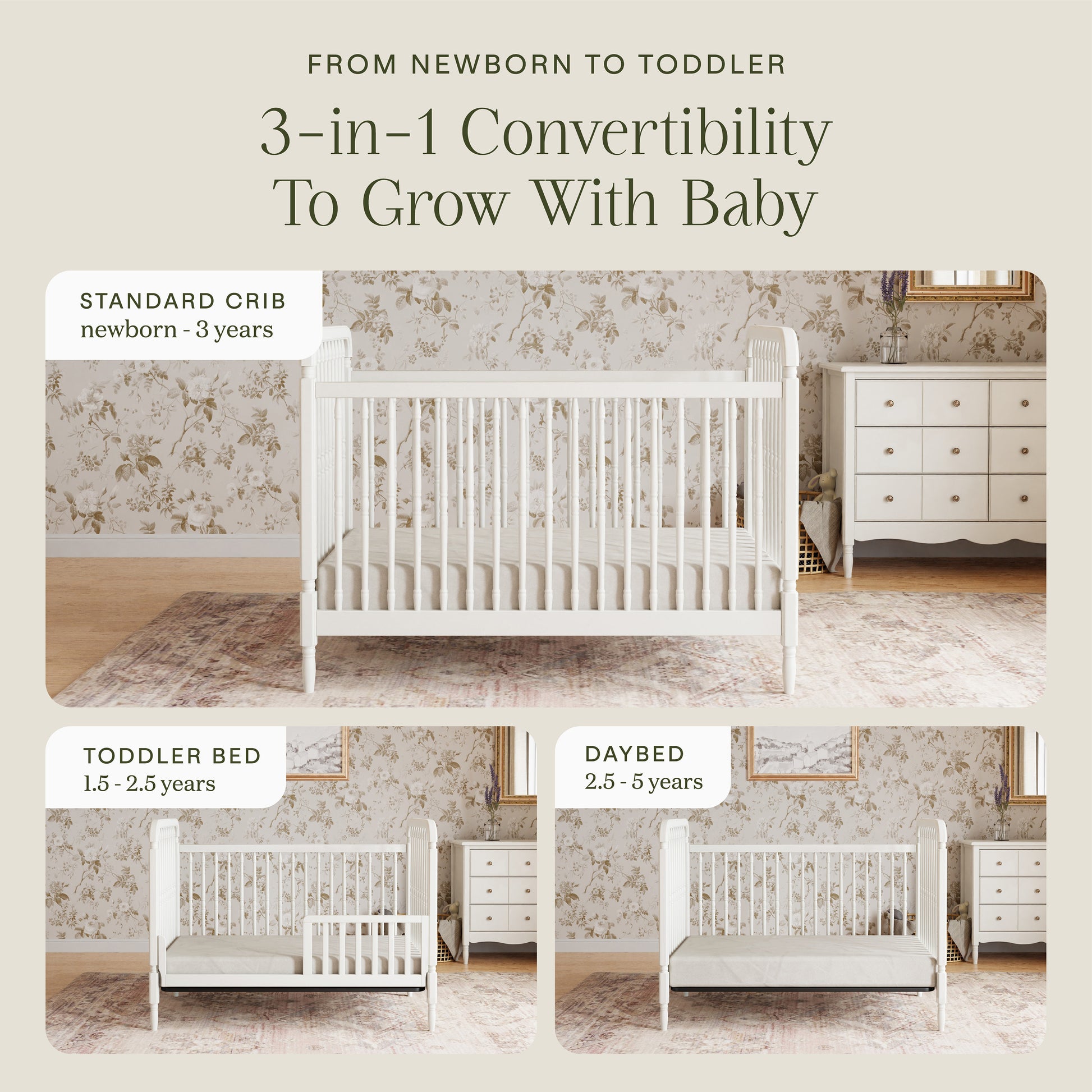 M7101RW,Namesake,Liberty 3-in-1 Convertible Spindle Crib w/Toddler Bed Conversion Kit in Warm White