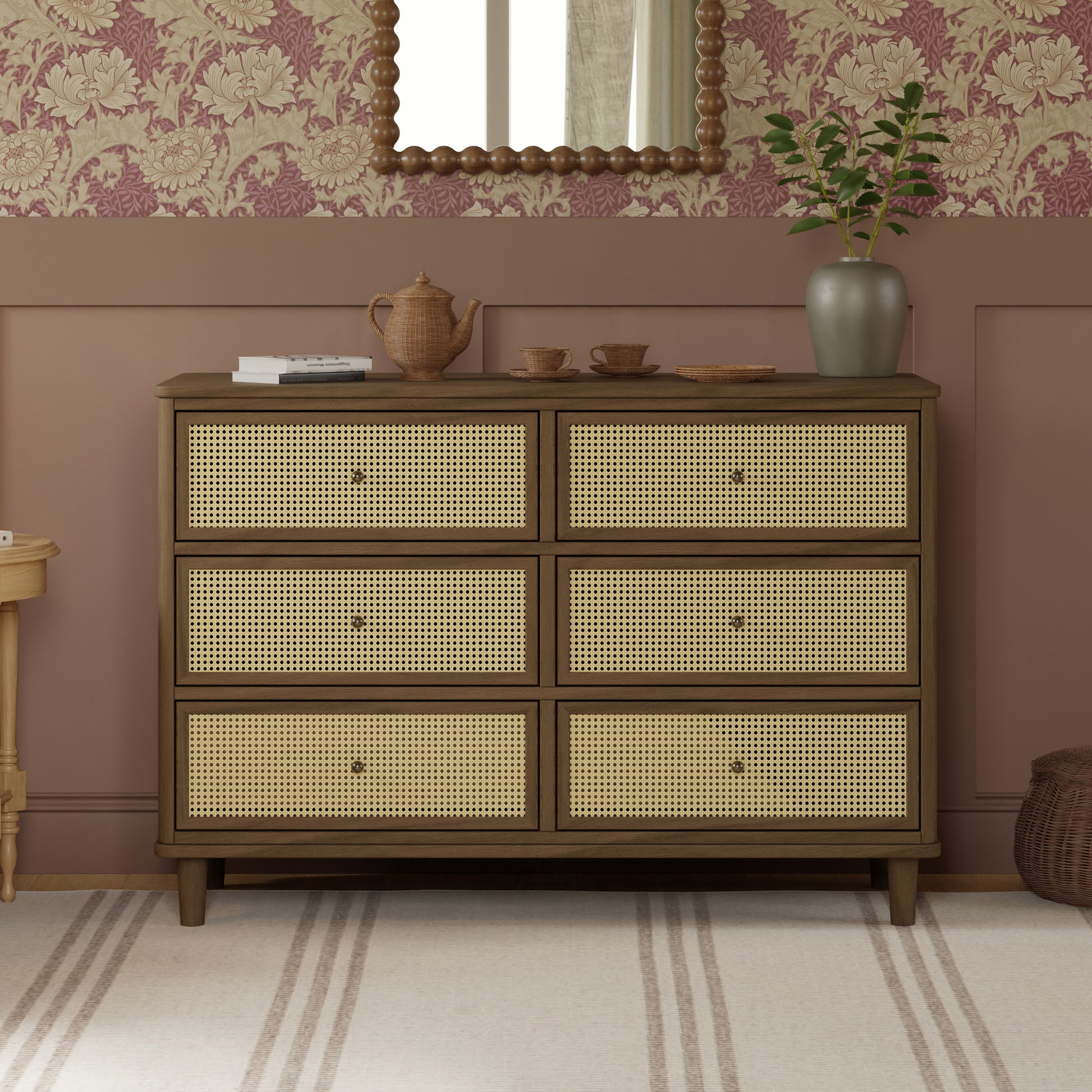 M23716NLBC,Namesake,Marin with Cane 6 Drawer Assembled Dresser in Natural Walnut and Blonde Cane