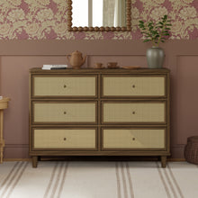 M23716NLBC,Namesake,Marin with Cane 6 Drawer Assembled Dresser in Natural Walnut and Blonde Cane