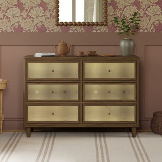 M23716NLBC,Namesake,Marin with Cane 6 Drawer Assembled Dresser in Natural Walnut and Blonde Cane