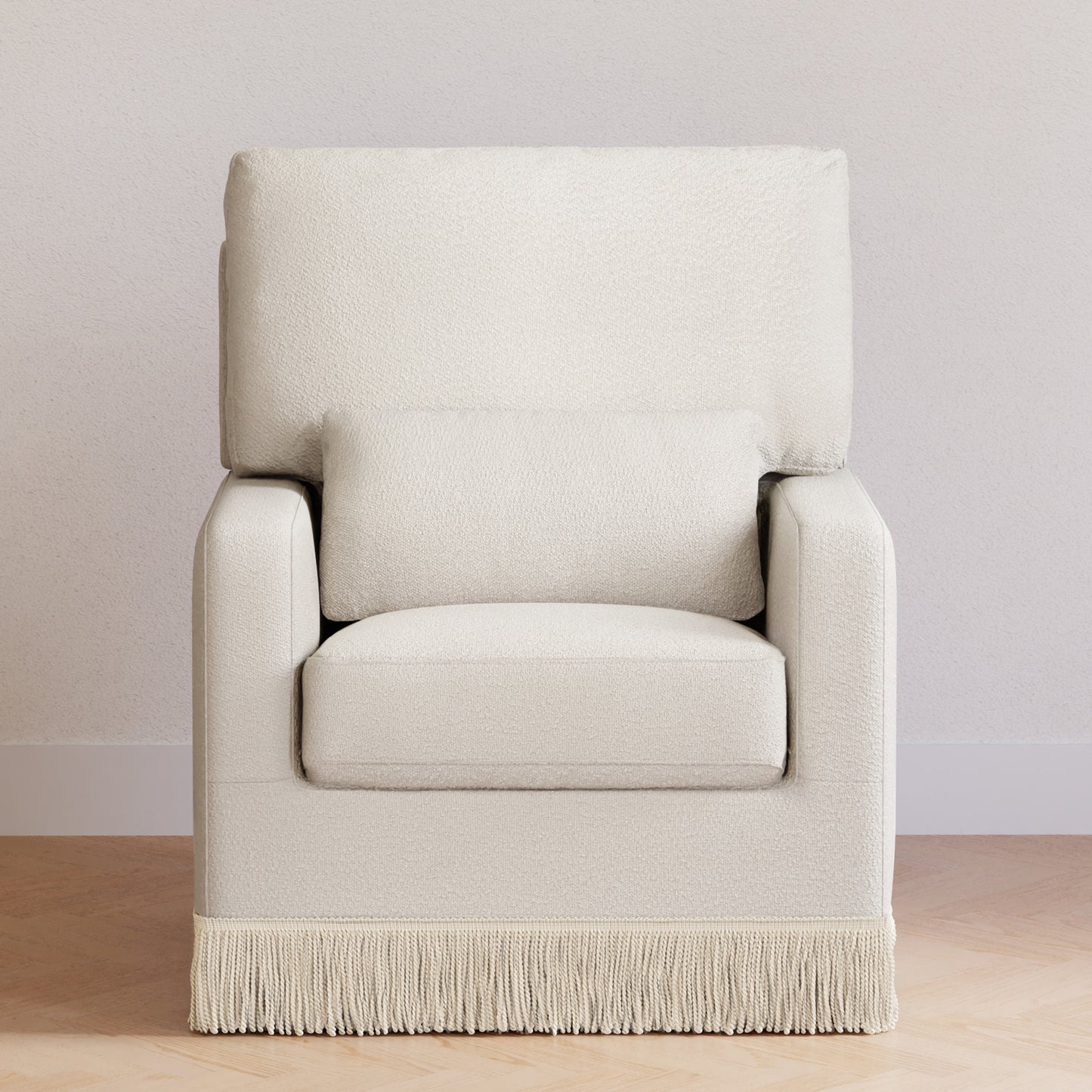 M21787WBIF,Namesake,Crawford Pillowback Comfort Swivel Glider in Ivory Boucle with Ivory Tassel Fringe