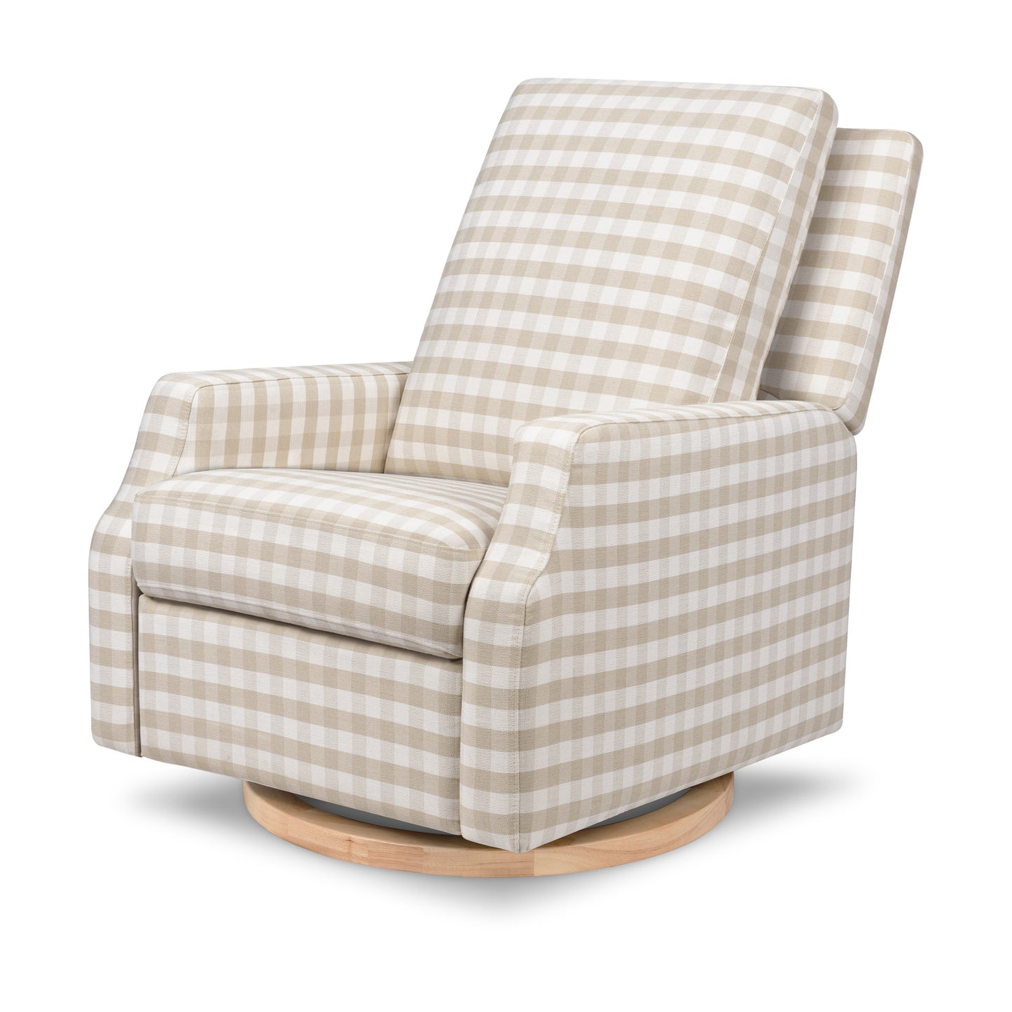 M22286TGHLB,Namesake,Crewe Electronic Swivel Glider Recliner in Tan Gingham with Light Wood Base