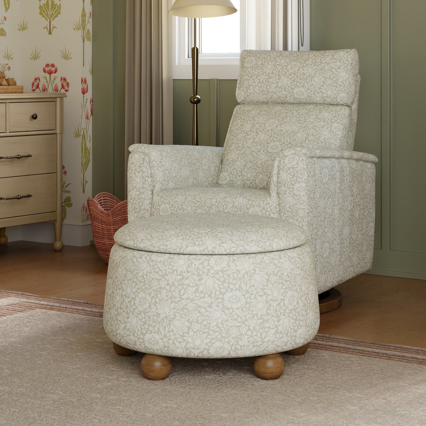 M30985MADF,Namesake,Tuffet Storage Ottoman Mallow in Ash w/ Dark Wood Ball Feet