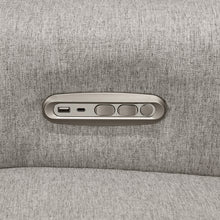 B17186PGEWLB,Monogram by Namesake,Willa Plus Power Glider Recliner w/ Power Headrest in Performance Grey Eco-Weave w/Light Wood Base