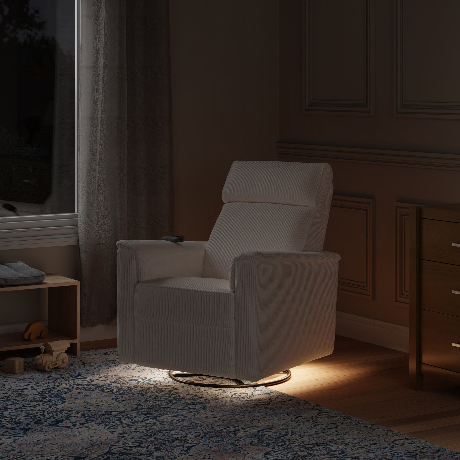 B17183YC,Monogram by Namesake,Willa Deluxe Power Glider Recliner w/Heat&Massage in Ivory Corduroy