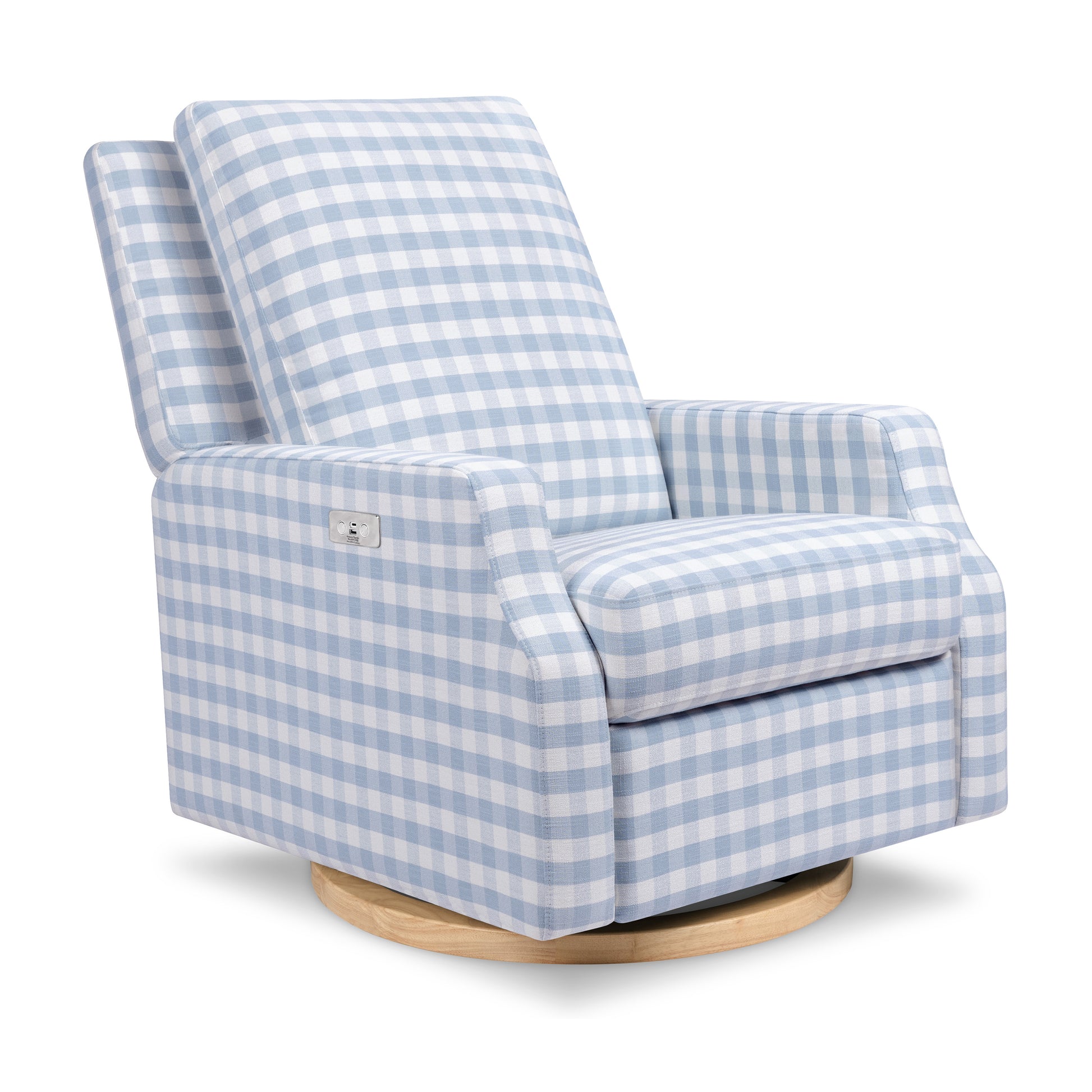 M22286BGHLB,Namesake,Crewe Electronic Swivel Glider Recliner in Blue Gingham with Light Wood Base