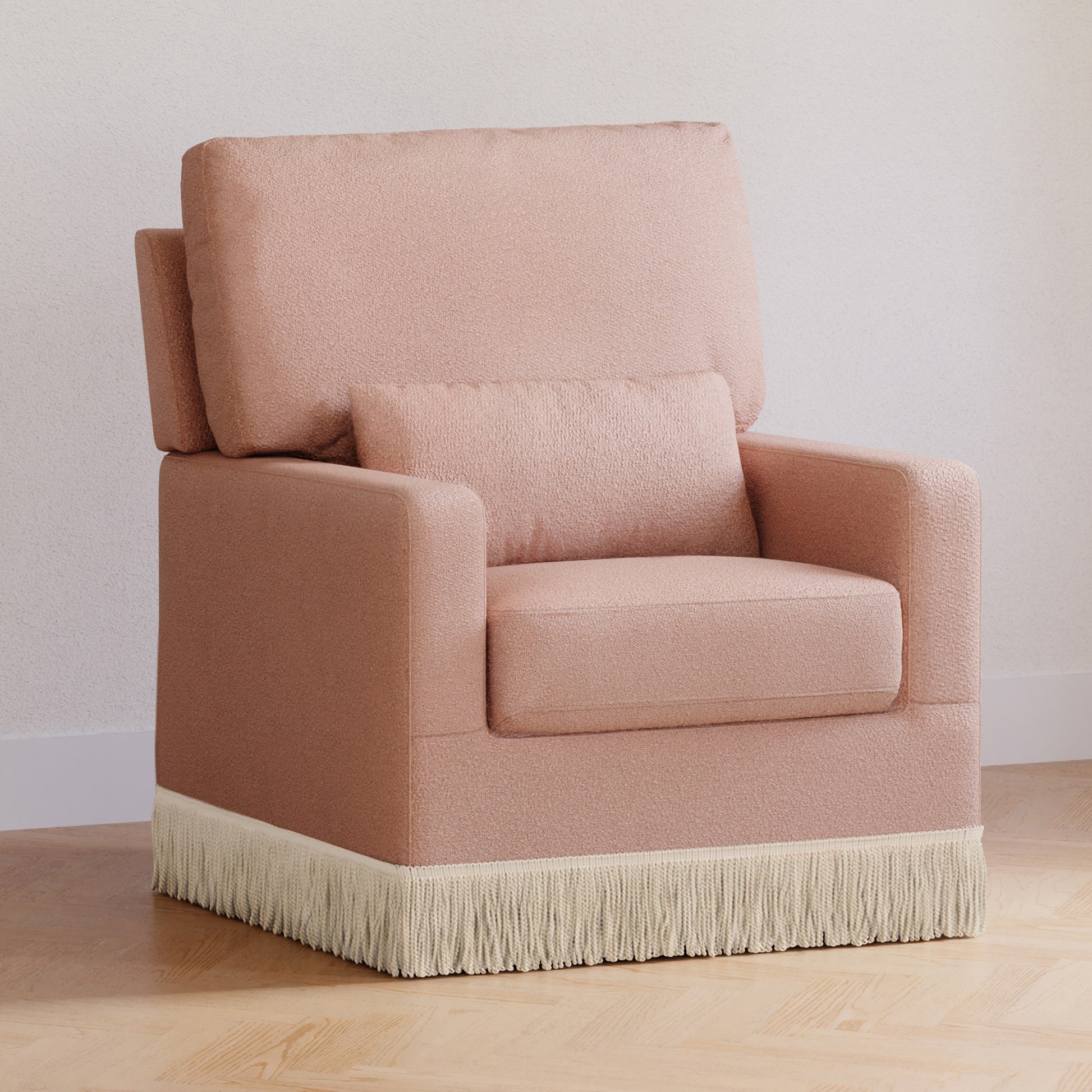 M21787RSBIF,Namesake,Crawford Pillowback Comfort Swivel Glider in Rose Boucle with Ivory Tassel Fringe