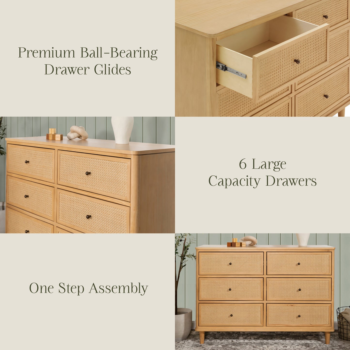 M23716HYHC,Namesake,Marin with Cane 6 Drawer Assembled Dresser in Honey and Honey Cane