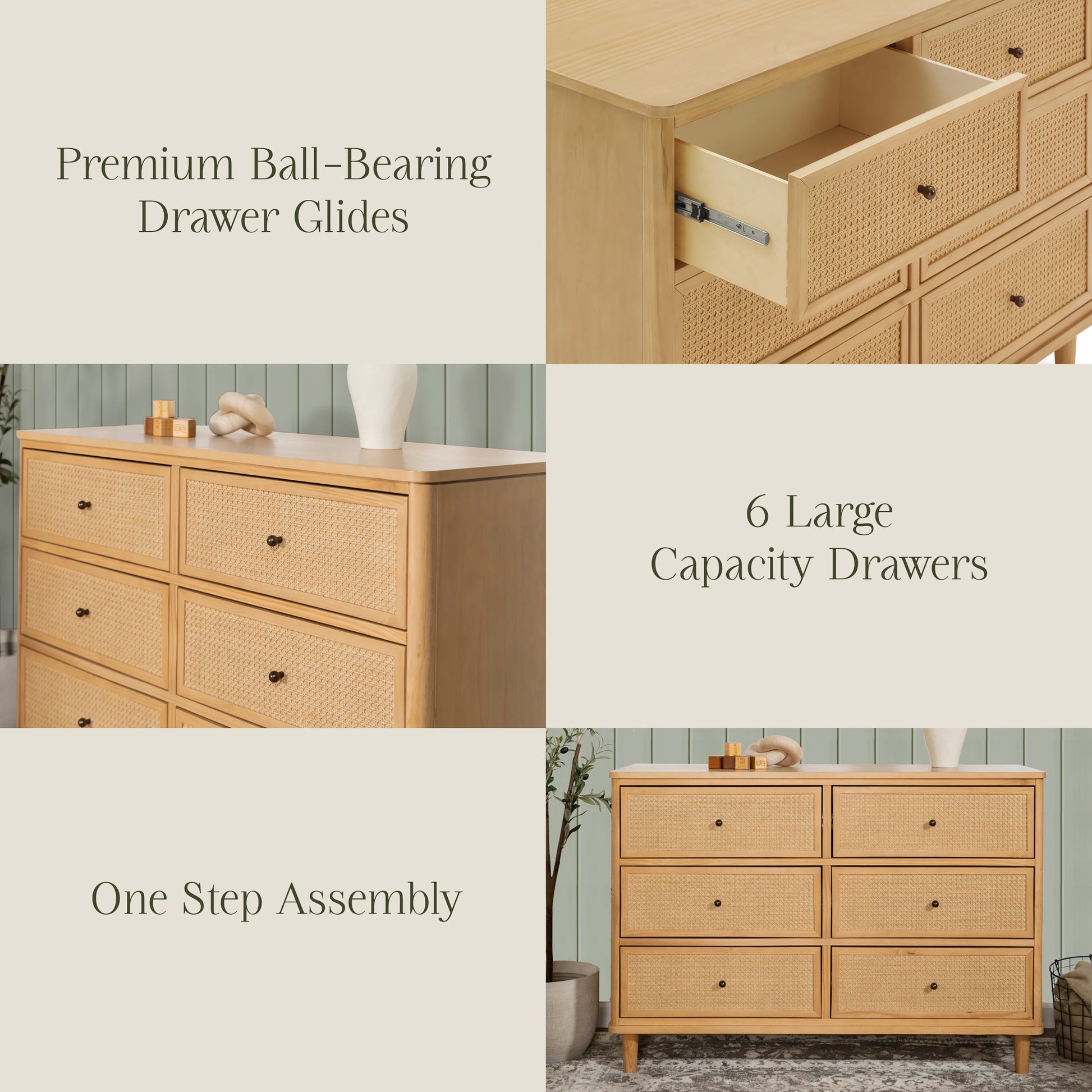 M23716HYHC,Namesake,Marin with Cane 6 Drawer Assembled Dresser in Honey and Honey Cane