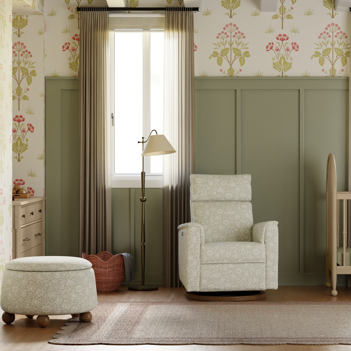 M30985MADF,Namesake,Tuffet Storage Ottoman Mallow in Ash w/ Dark Wood Ball Feet