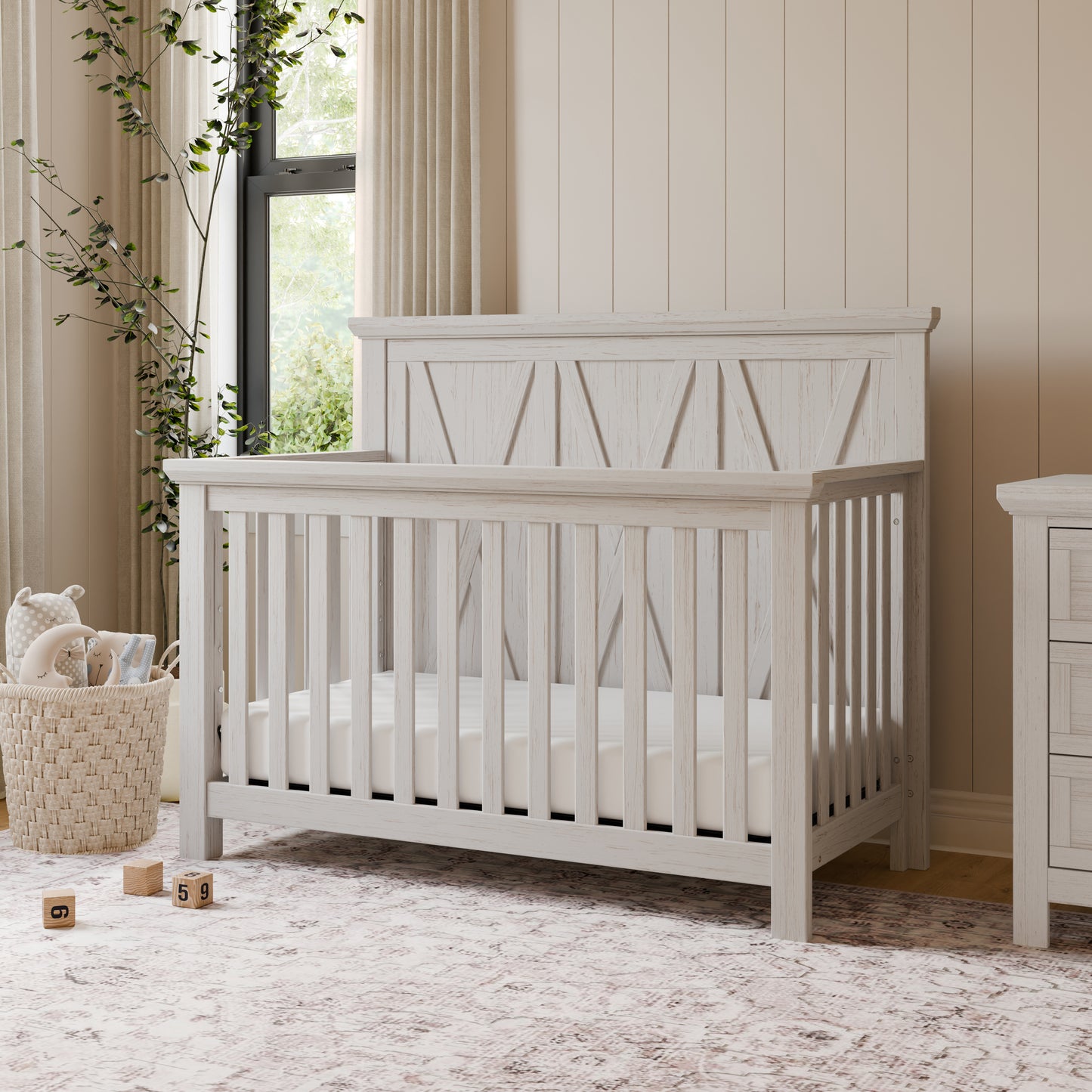 B14501WDF,Monogram by Namesake,Emory Farmhouse 4-in-1 Convertible Crib in White Driftwood
