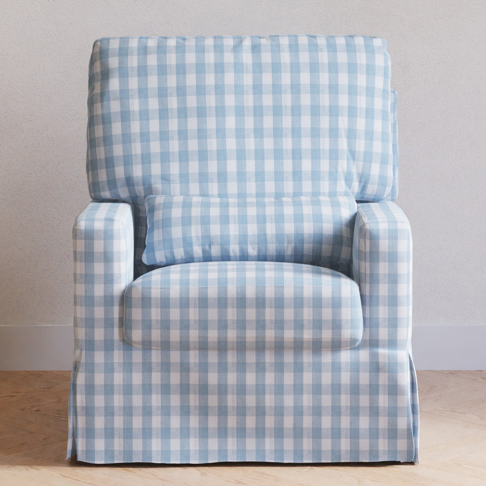 M21787BGH,Namesake,Crawford Pillowback Comfort Swivel Glider in Blue Gingham