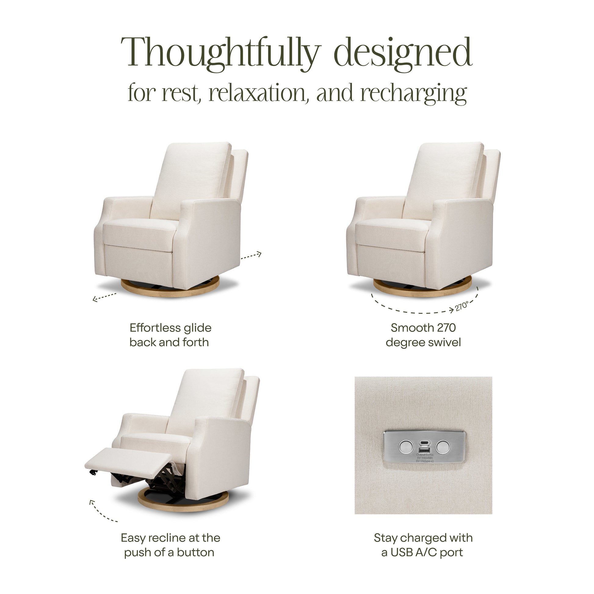 M22286PCMEWLB,Namesake,Crewe Electronic Swivel Glider Recliner in Performance Cream Eco-Weave w/Light Wood Base