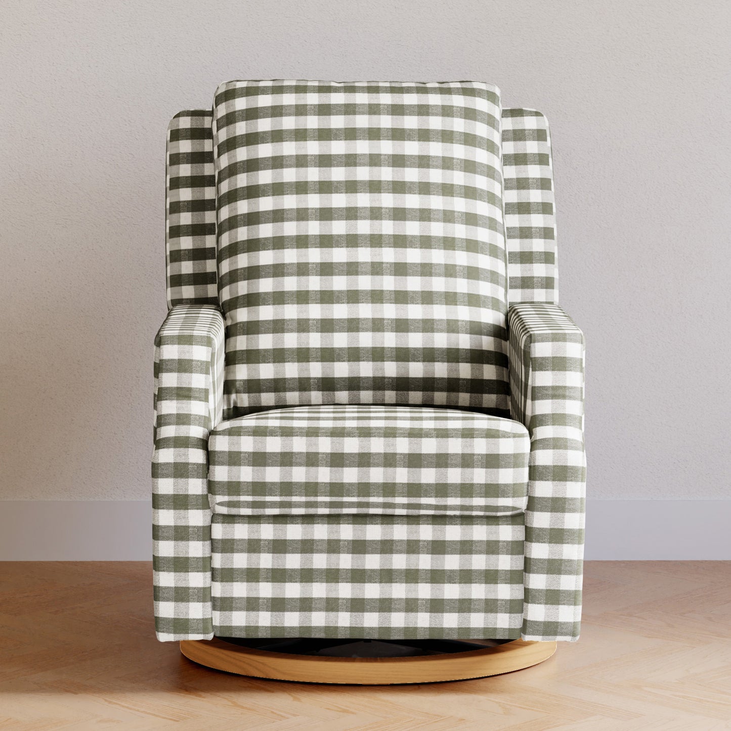 M22287GGHLB,Namesake,Crewe Recliner and Swivel Glider in Moss Green Gingham with Light Wood Base
