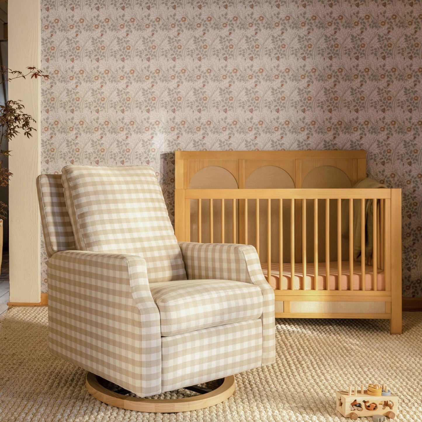 M22287TGHLB,Namesake,Crewe Recliner and Swivel Glider in Tan Gingham with Light Wood Base