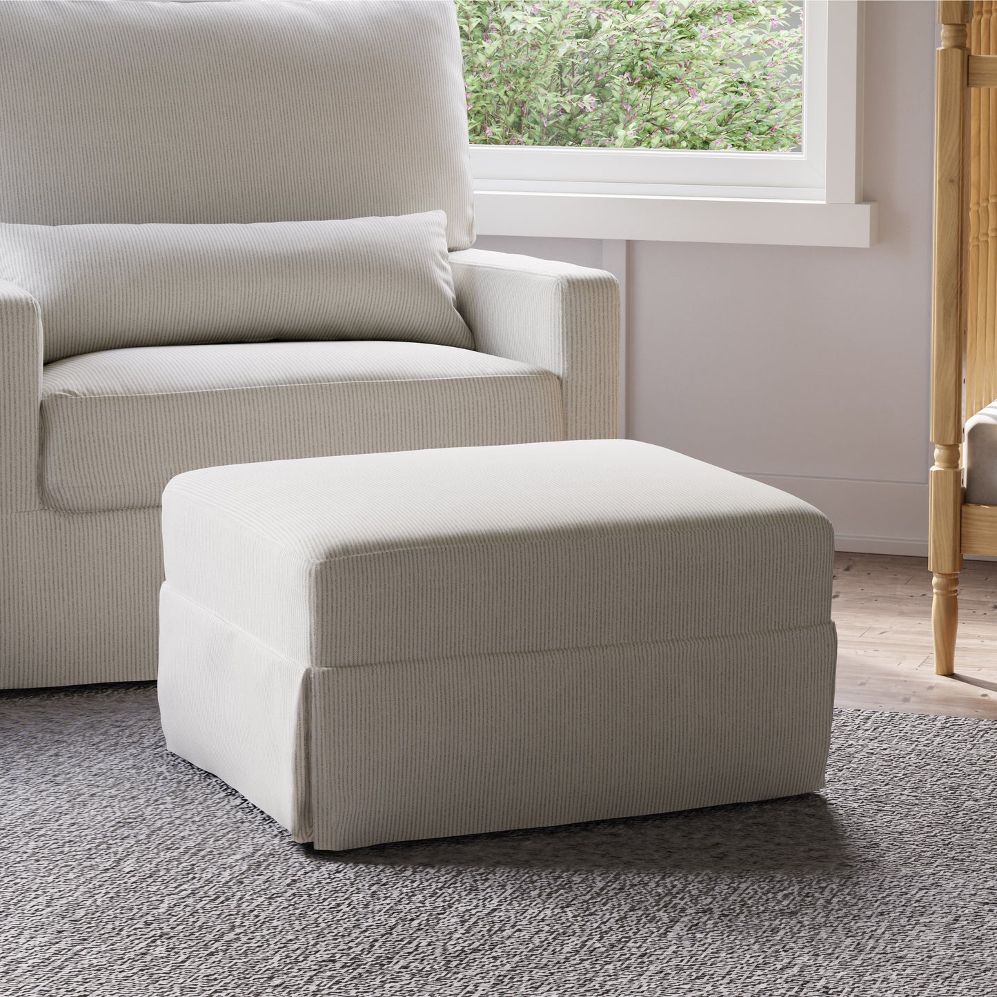 M21785FCS,Crawford Gliding Ottoman in Fog Chatham Stripe Performance Eco-Weave