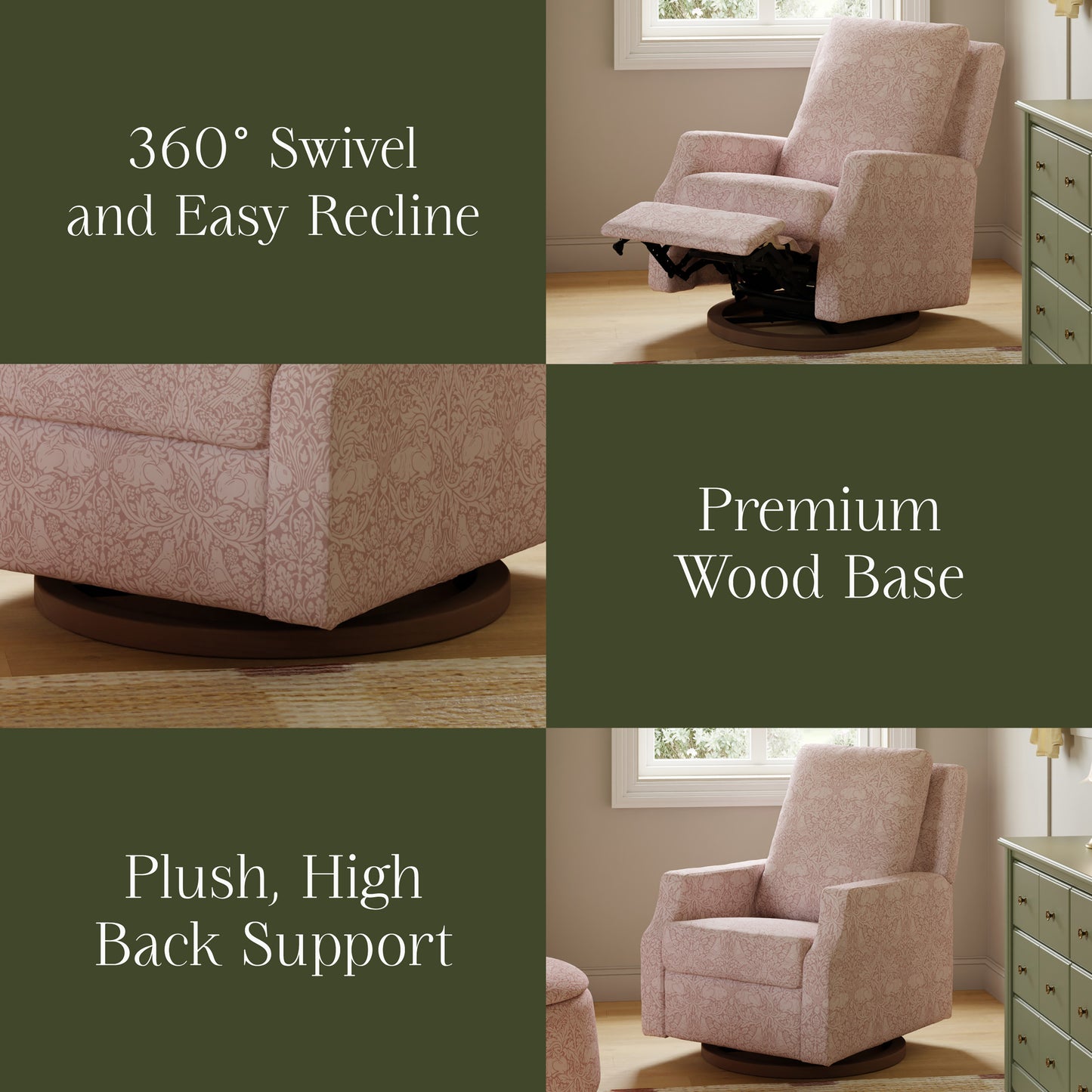 M22287PBRRDB,Namesake,Crewe Recliner and Swivel Glider in Pure Brer Rabbit in Rose w/Dark Wood Base