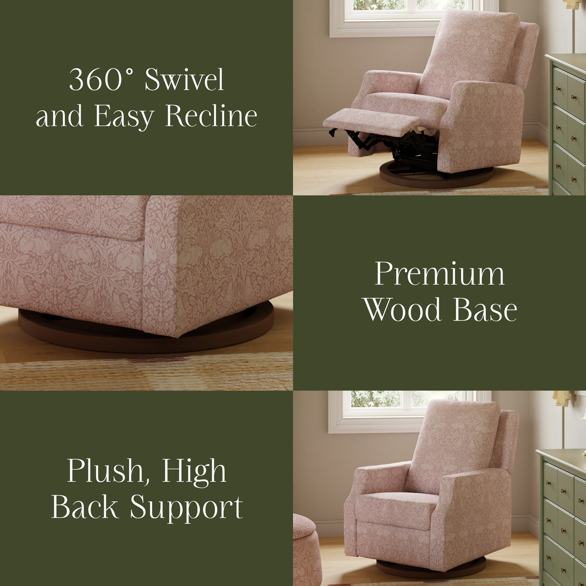 M22287PBRRDB,Namesake,Crewe Recliner and Swivel Glider in Pure Brer Rabbit in Rose w/Dark Wood Base