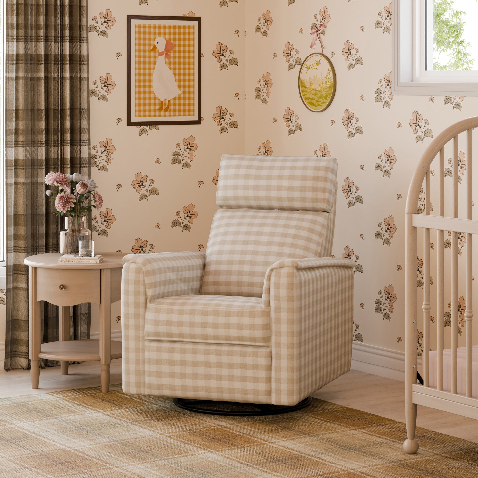 M17182TGH,Namesake,Willa Pro Power Glider Recliner w/ Power Lumbar in Tan Gingham