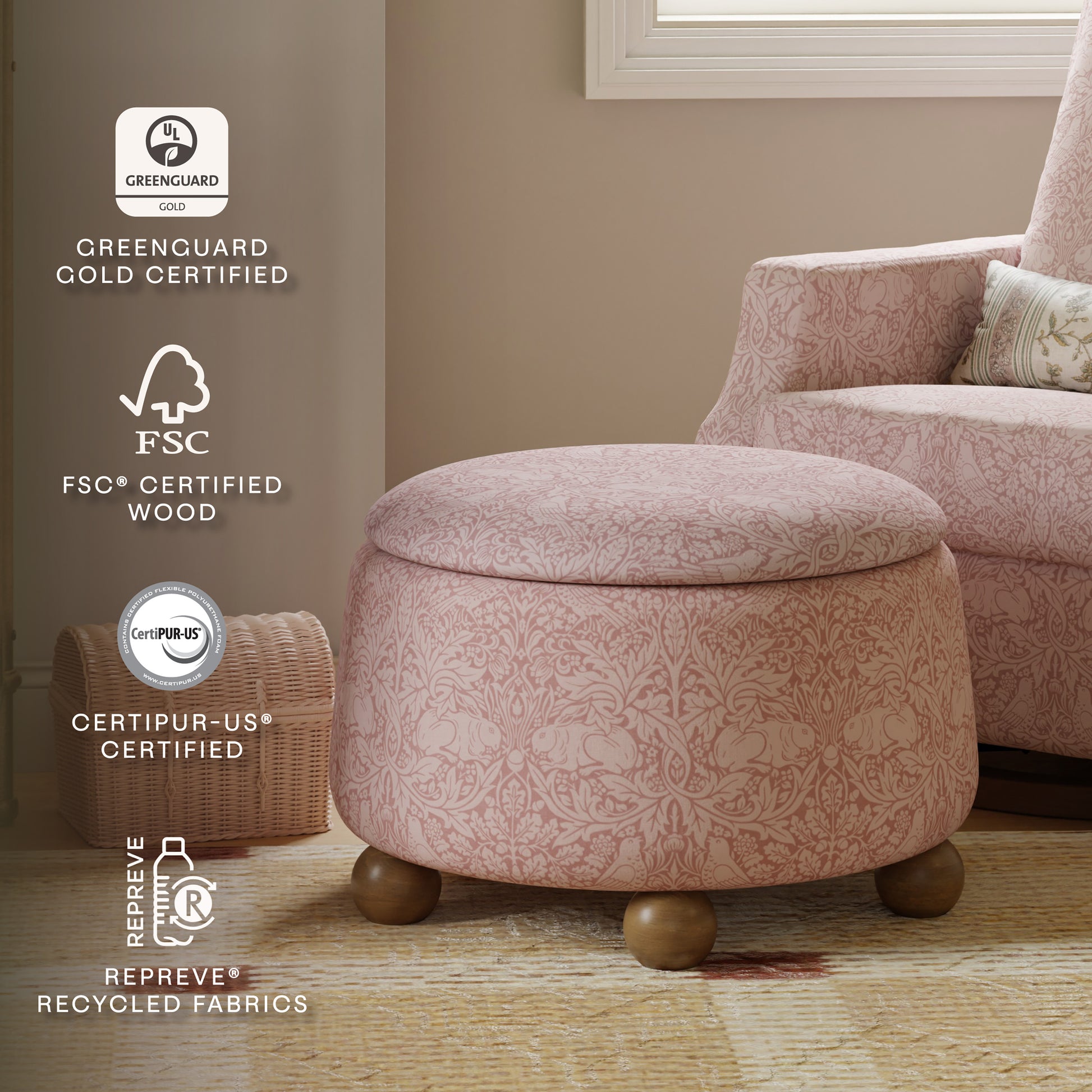 M30985PBRRDF,Namesake,Tuffet Storage Ottoman Pure Brer Rabbit in Rose w/Dark Wood Ball Feet