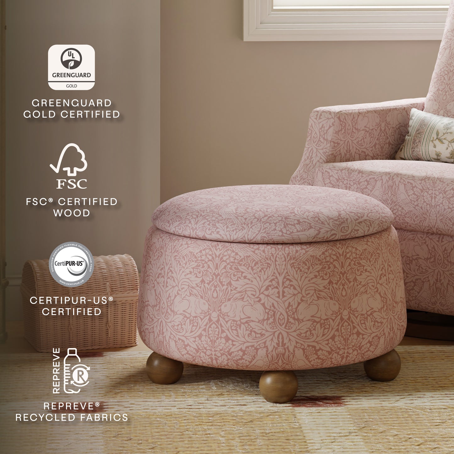 M30985PBRRDF,Namesake,Morris & Co. x Namesake Tuffet Storage Ottoman Pure Brer Rabbit in Rose w/Dark Wood Ball Feet