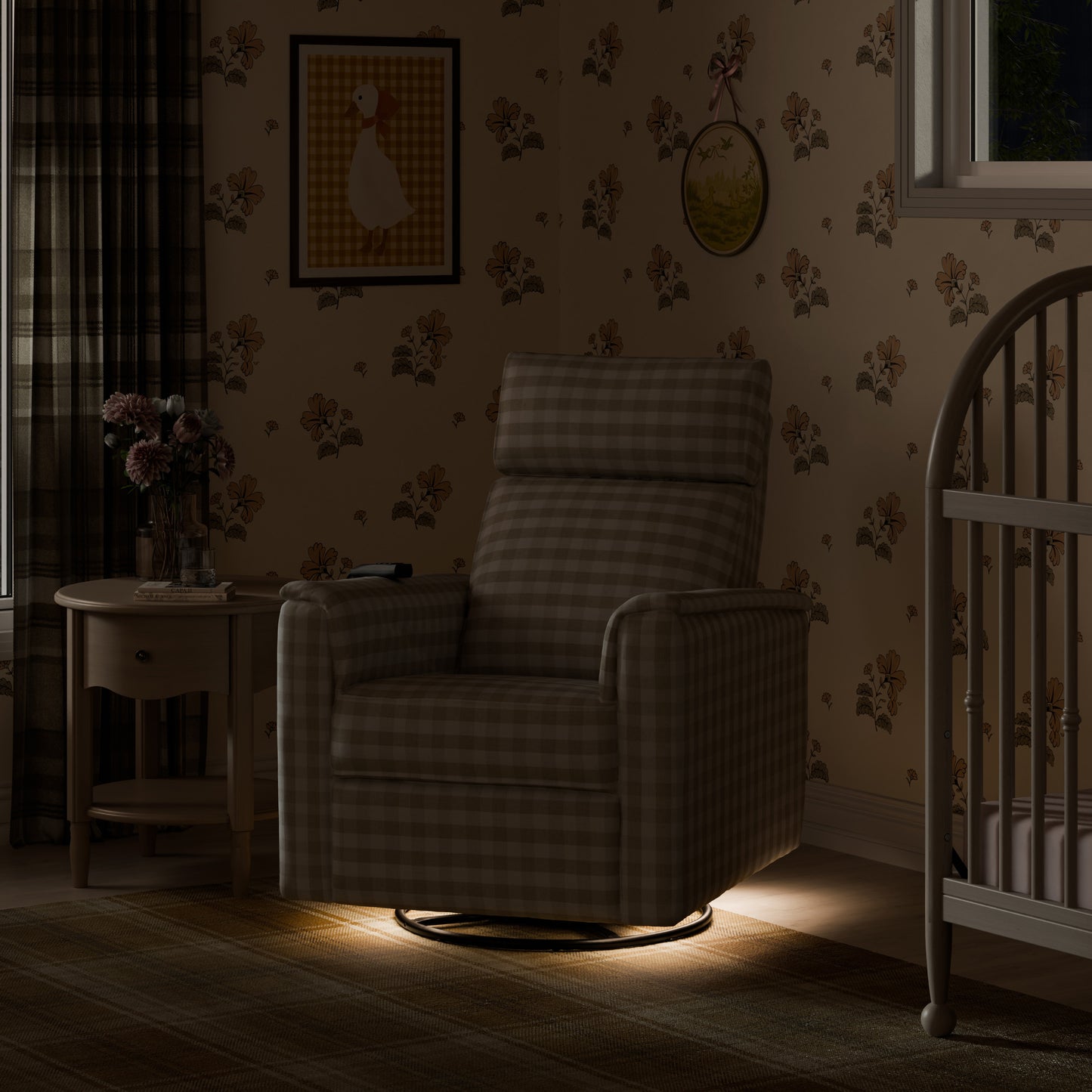 M17183TGH,Namesake,Willa Deluxe Power Glider Recliner w/Heat&Massage in Tan Gingham