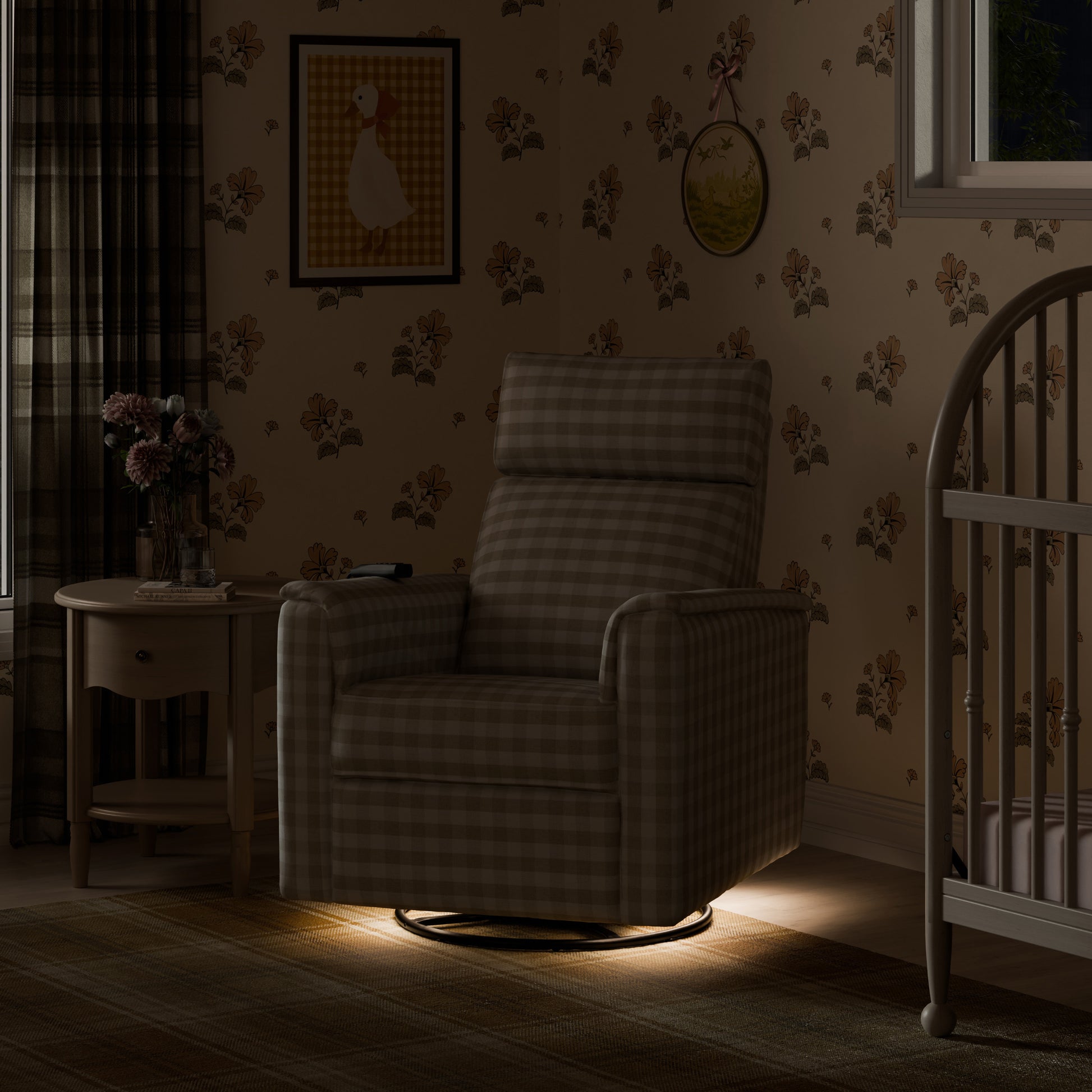 M17183TGH,Namesake,Willa Deluxe Power Glider Recliner w/Heat&Massage in Tan Gingham