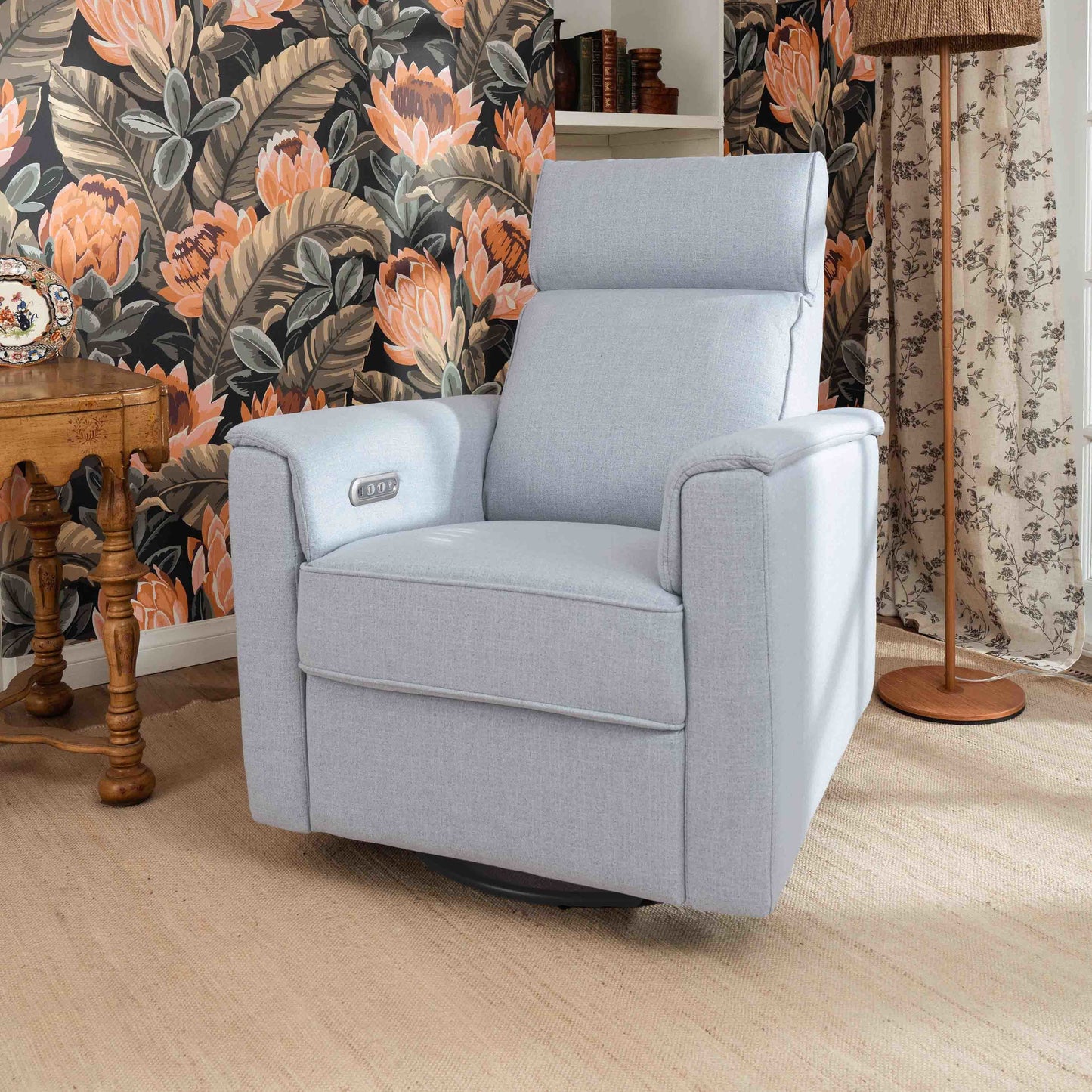 M17186PCET,Namesake,Willa Plus Power Glider Recliner w/ Power Headrest in Performance Chambray Eco-Twill