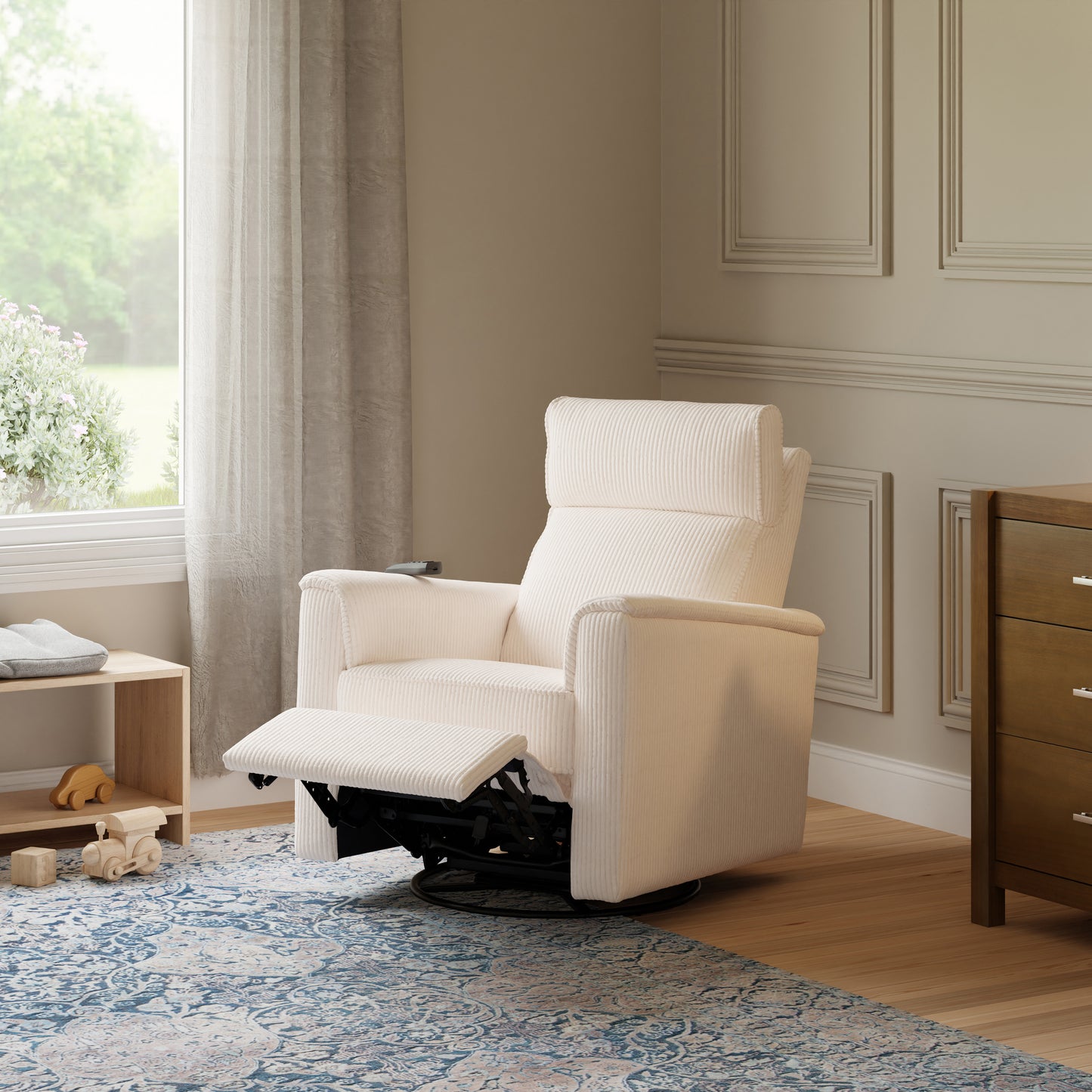 B17183YC,Monogram by Namesake,Willa Deluxe Power Glider Recliner w/Heat&Massage in Ivory Corduroy