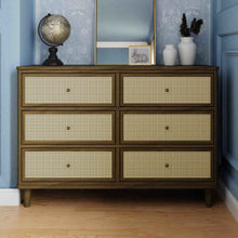 M23716NLBC,Namesake,Marin with Cane 6 Drawer Assembled Dresser in Natural Walnut and Blonde Cane