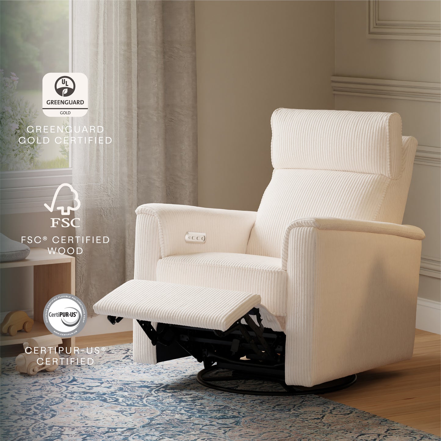 B17186YC,Monogram by Namesake,Willa Plus Power Glider Recliner w/ Power Headrest in Ivory Corduroy