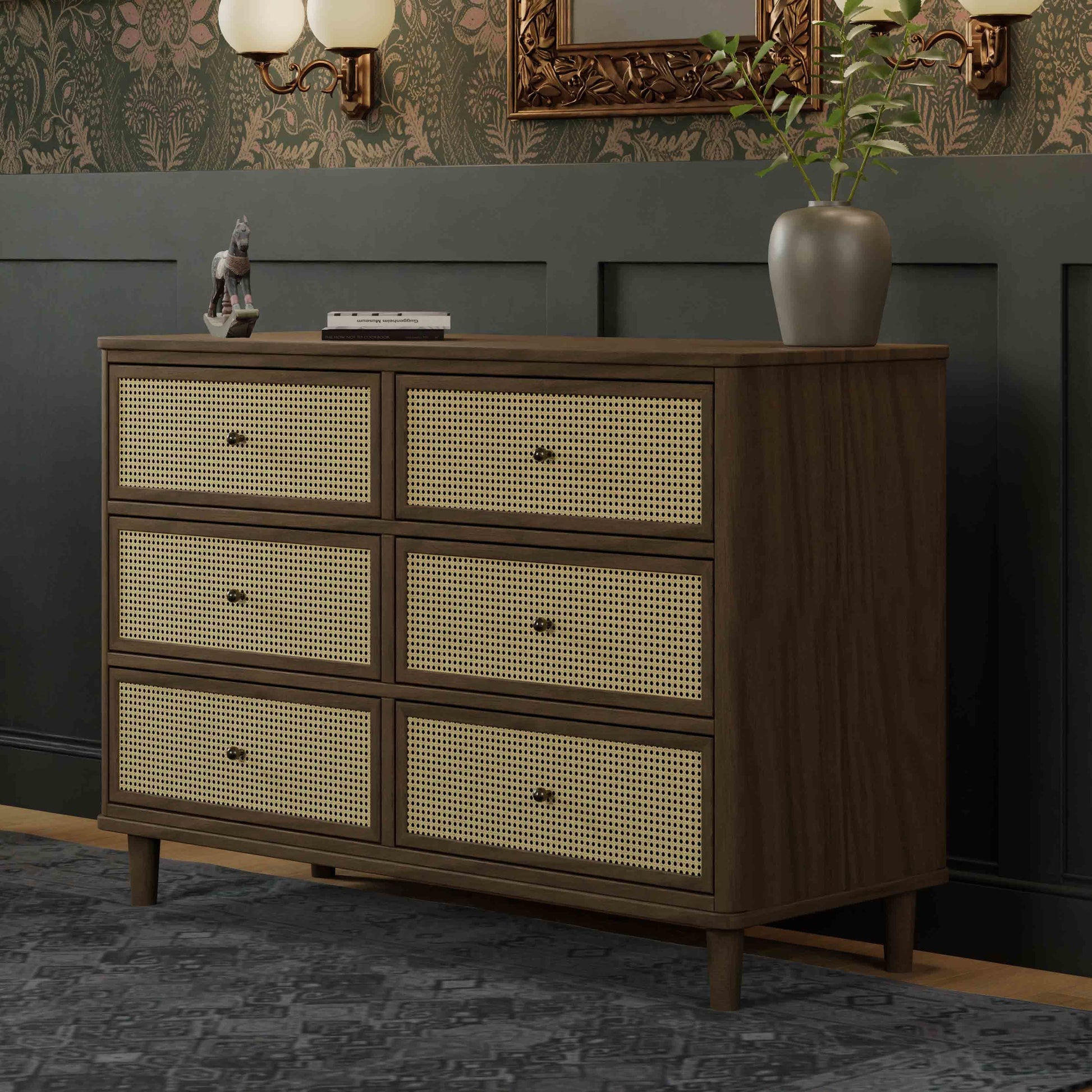 M23716NLBC,Namesake,Marin with Cane 6 Drawer Assembled Dresser in Natural Walnut and Blonde Cane