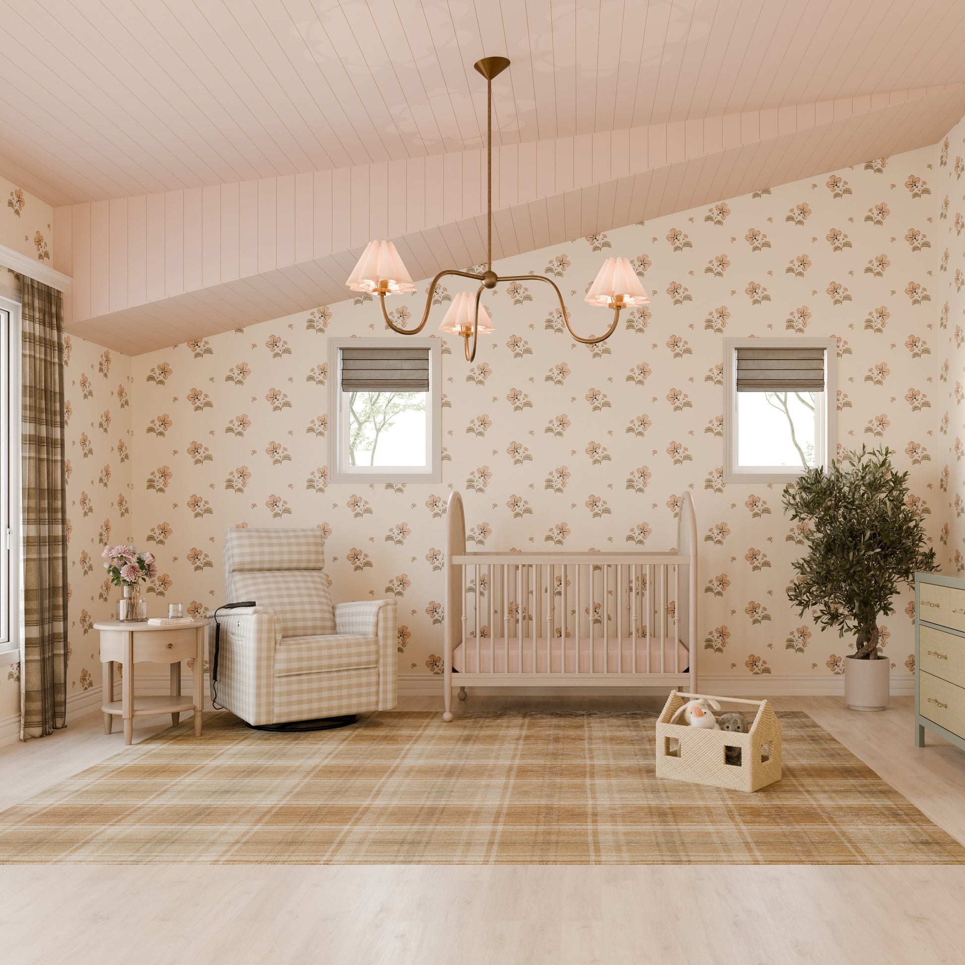 M17183TGH,Namesake,Willa Deluxe Power Glider Recliner w/Heat&Massage in Tan Gingham