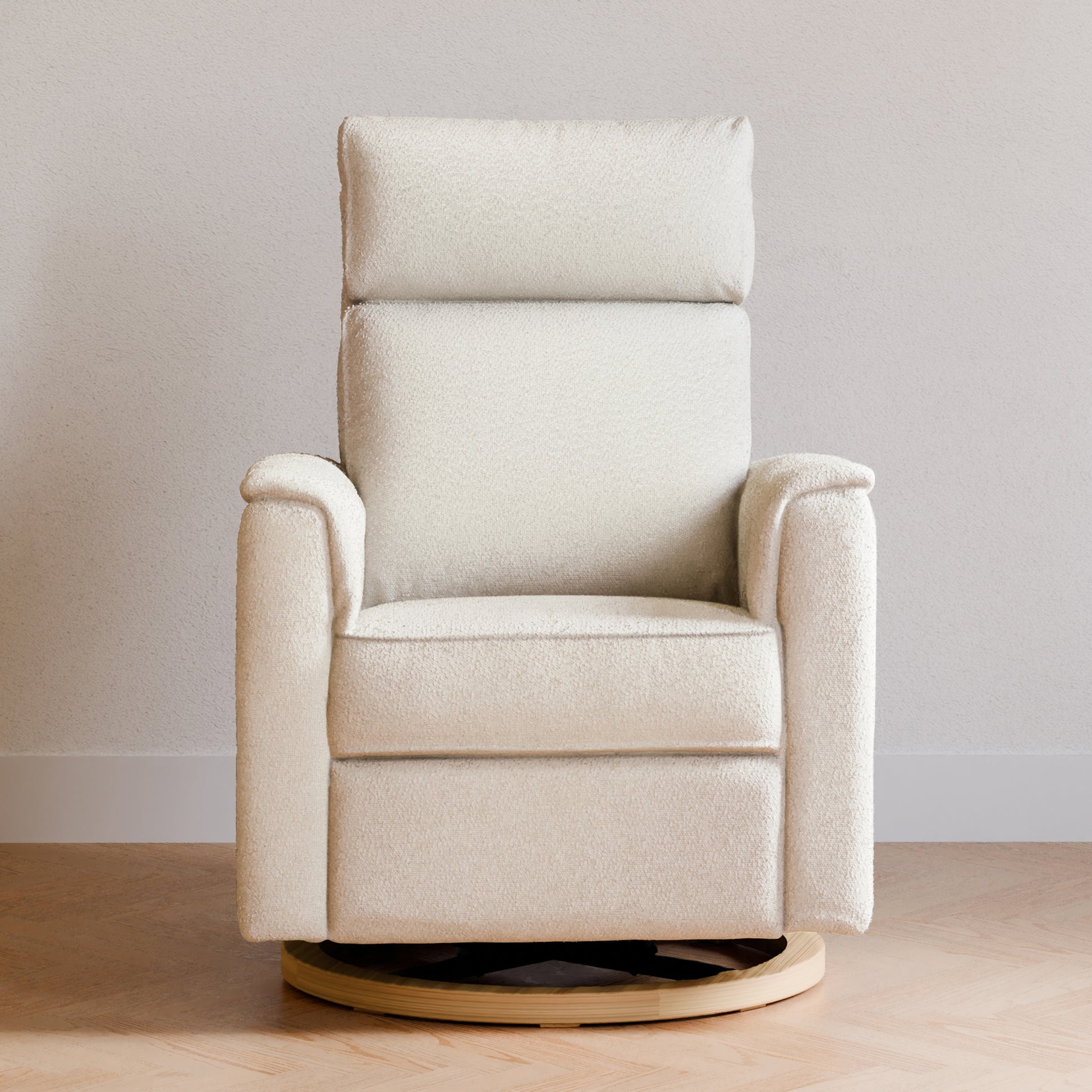 B17186WBLB,Monogram by Namesake,Willa Plus Power Glider Recliner w/ Power Headrest in Ivory Boucle with Light Wood Base