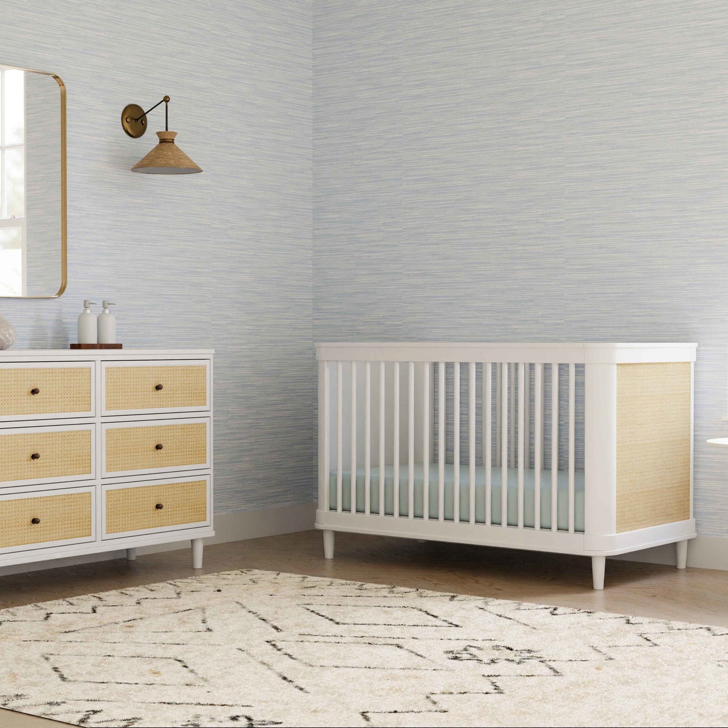 M23701RWHC,Namesake,Marin with Cane 3-in-1 Convertible Crib in Warm White and Honey Cane