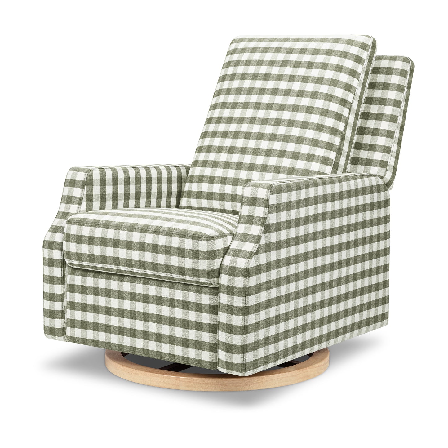 M22287GGHLB,Namesake,Crewe Recliner and Swivel Glider in Moss Green Gingham with Light Wood Base