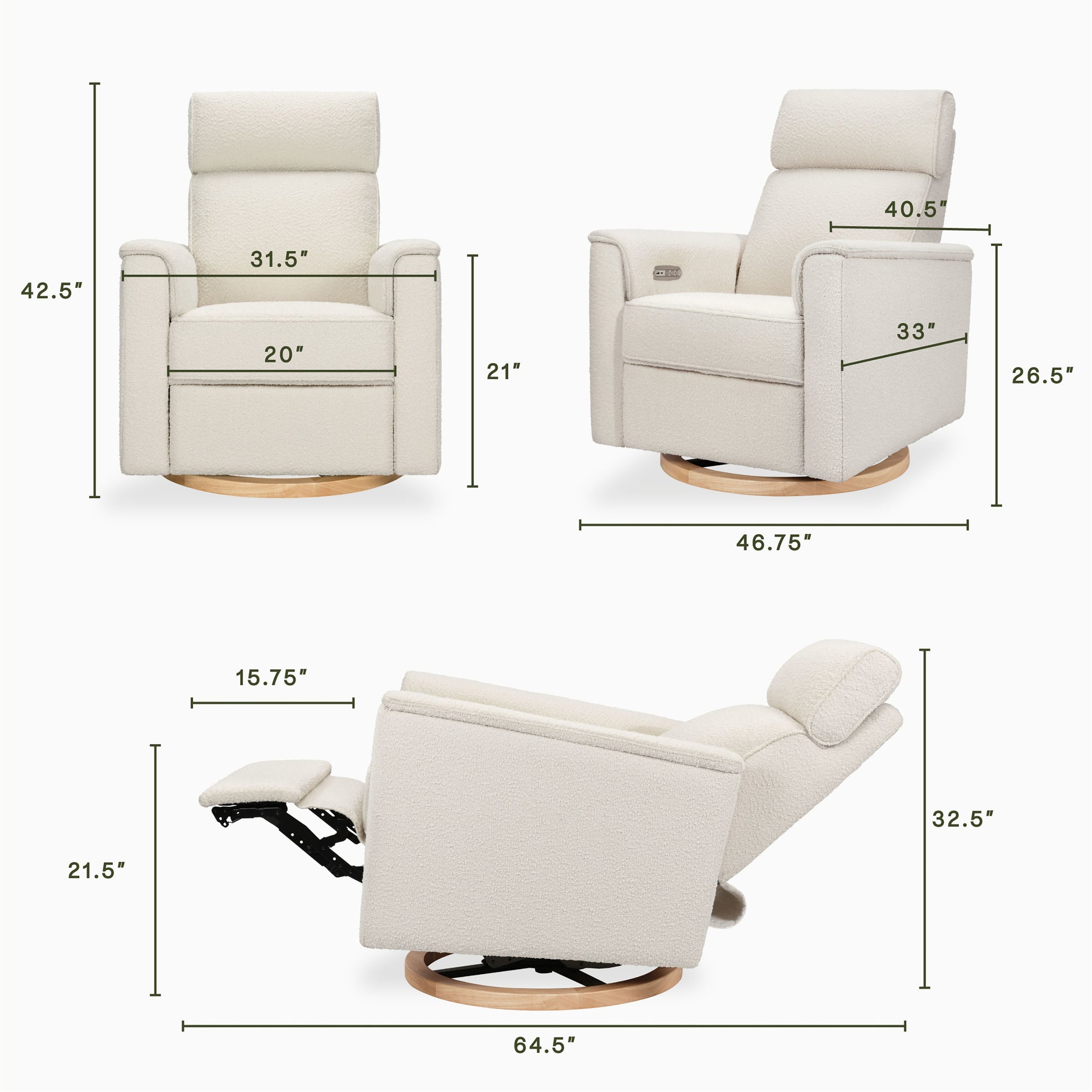 B17186WBLB,Monogram by Namesake,Willa Plus Power Glider Recliner w/ Power Headrest in Ivory Boucle with Light Wood Base