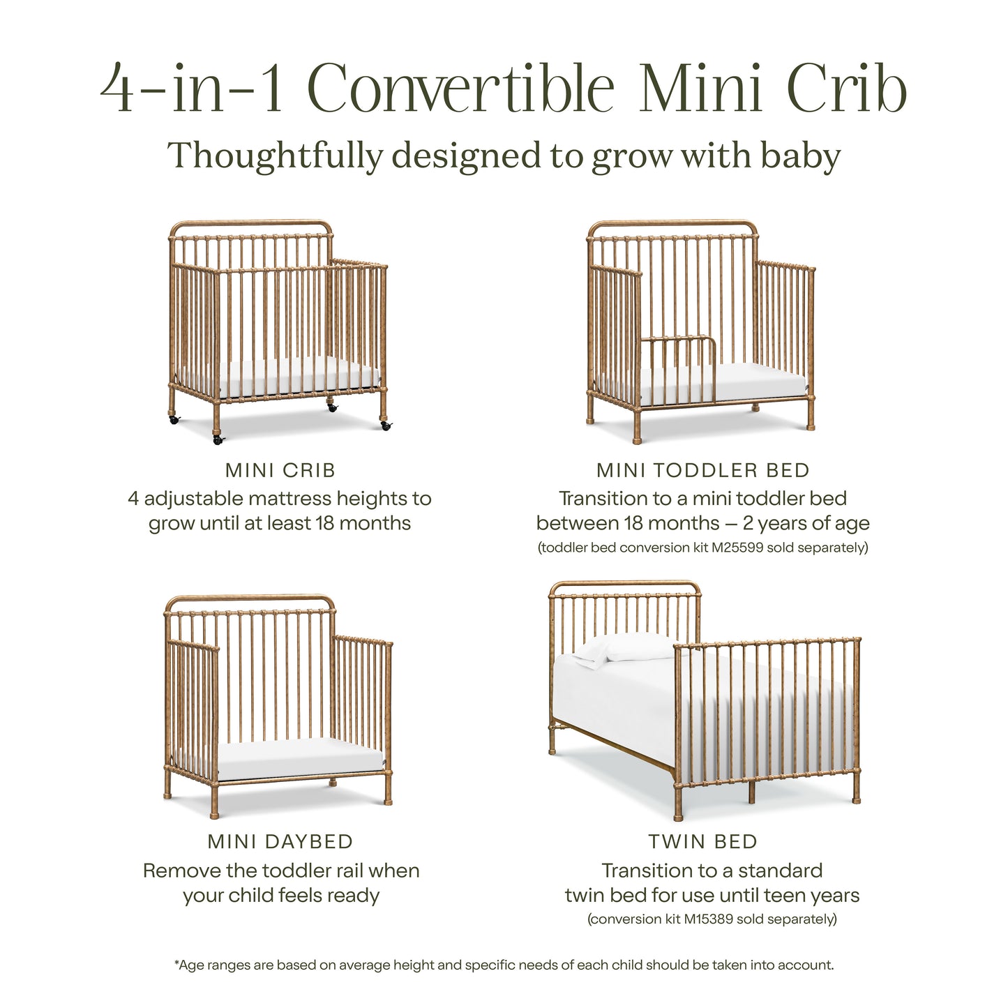 M15398VG,Winston 4-in-1 Convertible Mini Crib in Vintage Gold