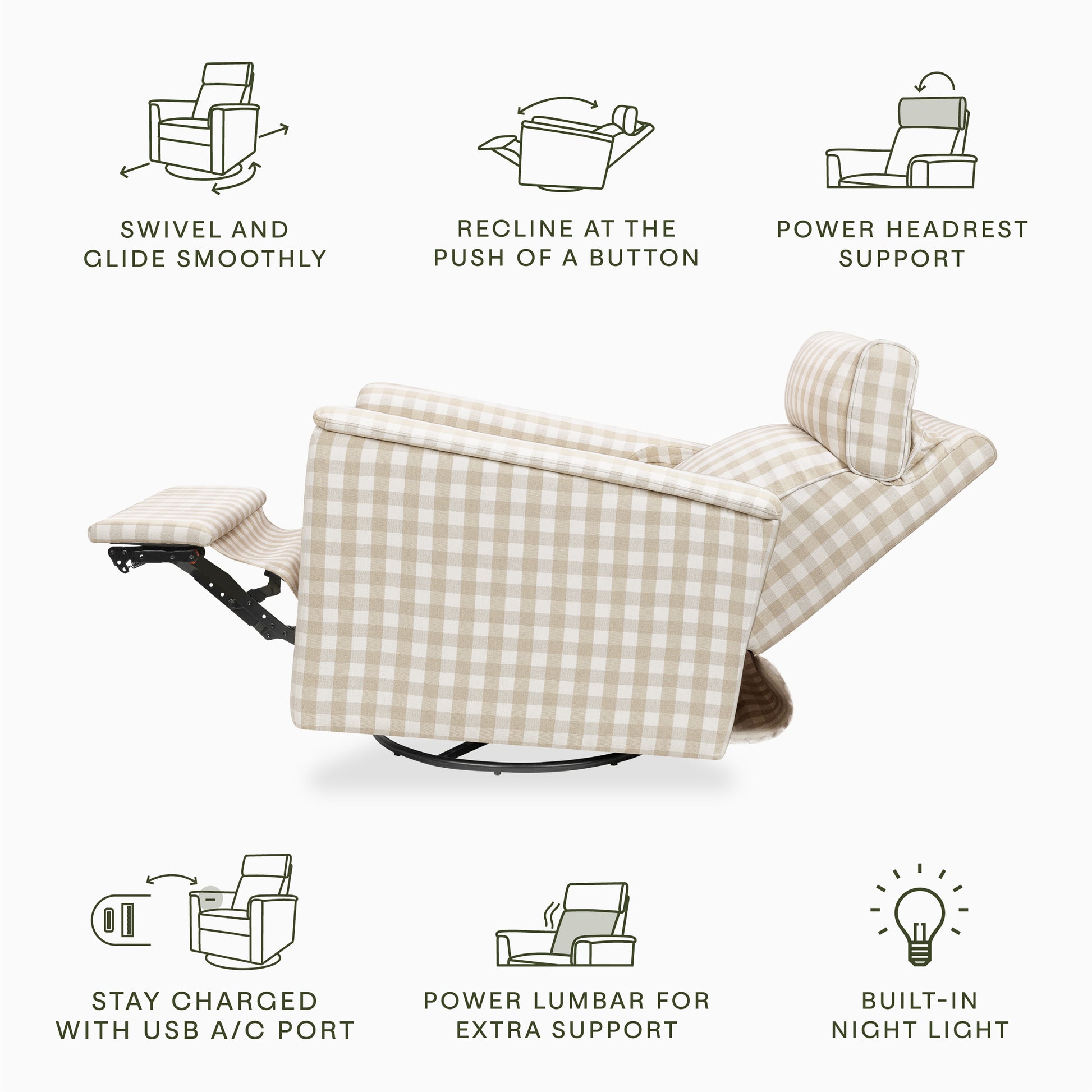 M17182TGH,Namesake,Willa Pro Power Glider Recliner w/ Power Lumbar in Tan Gingham
