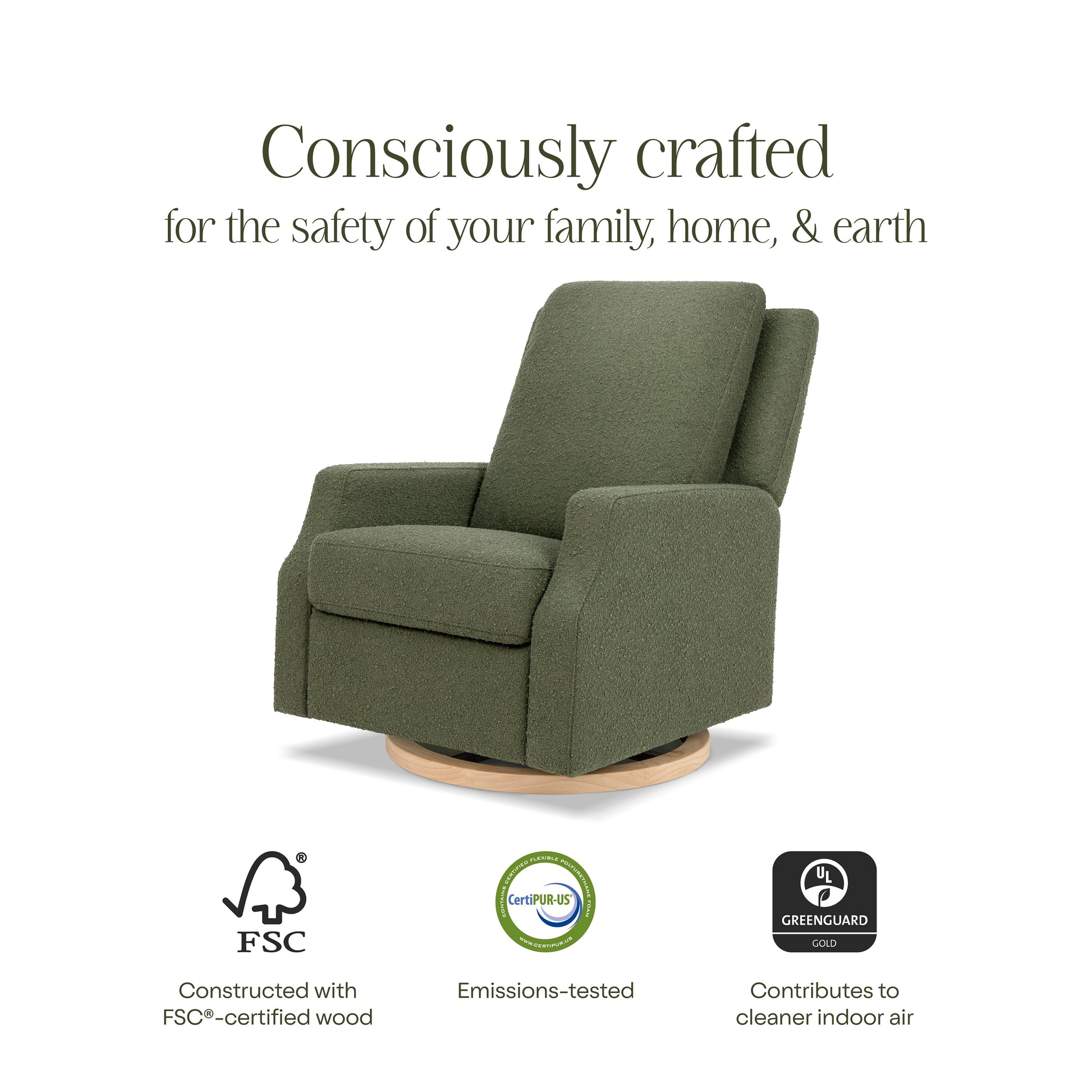 M22287OBLB,Namesake,Crewe Recliner and Swivel Glider in Olive Boucle w/Light Wood Base