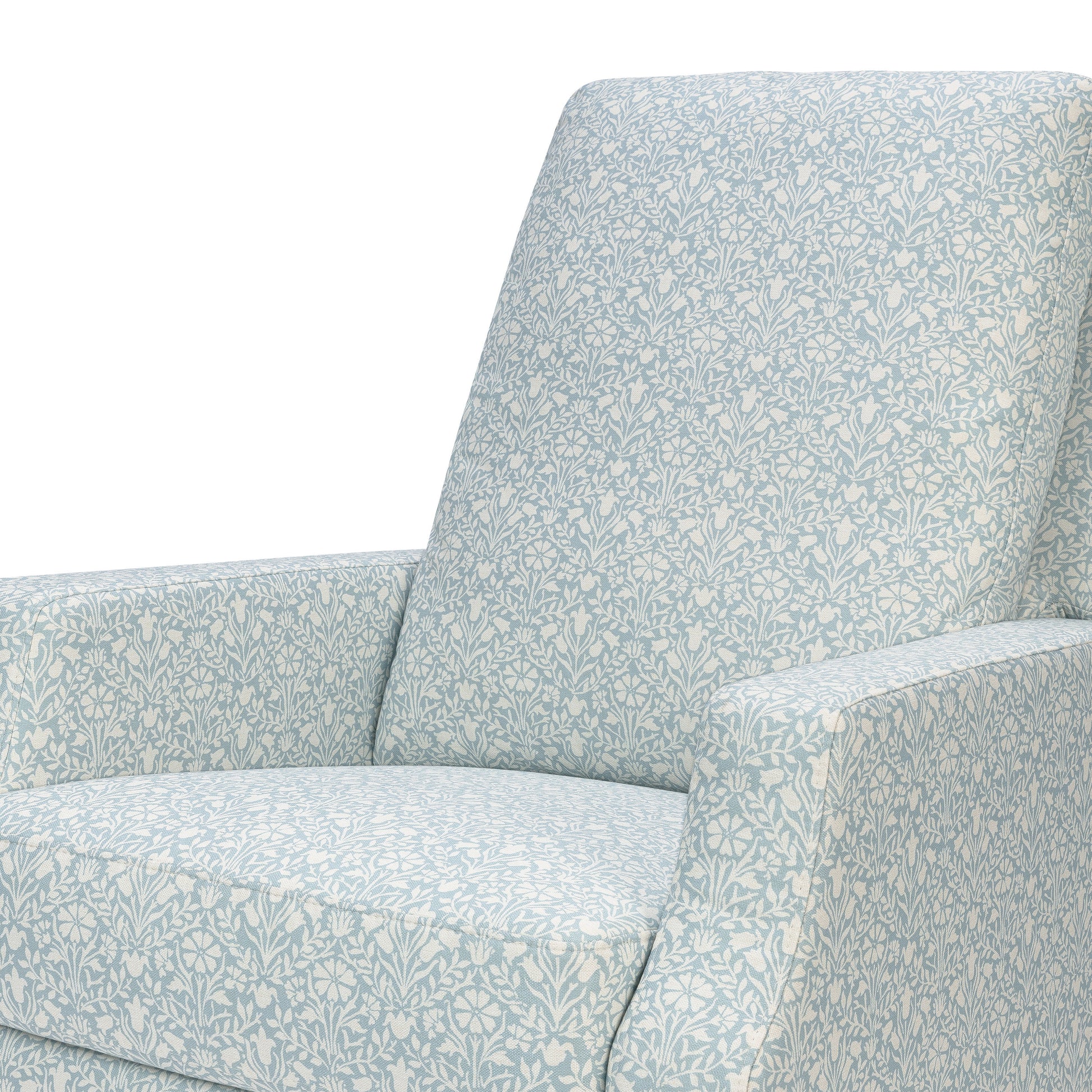 M22287BPBDB,Namesake,Crewe Recliner and Swivel Glider in Bellflowers in Powdered Blue w/Dark Wood Base