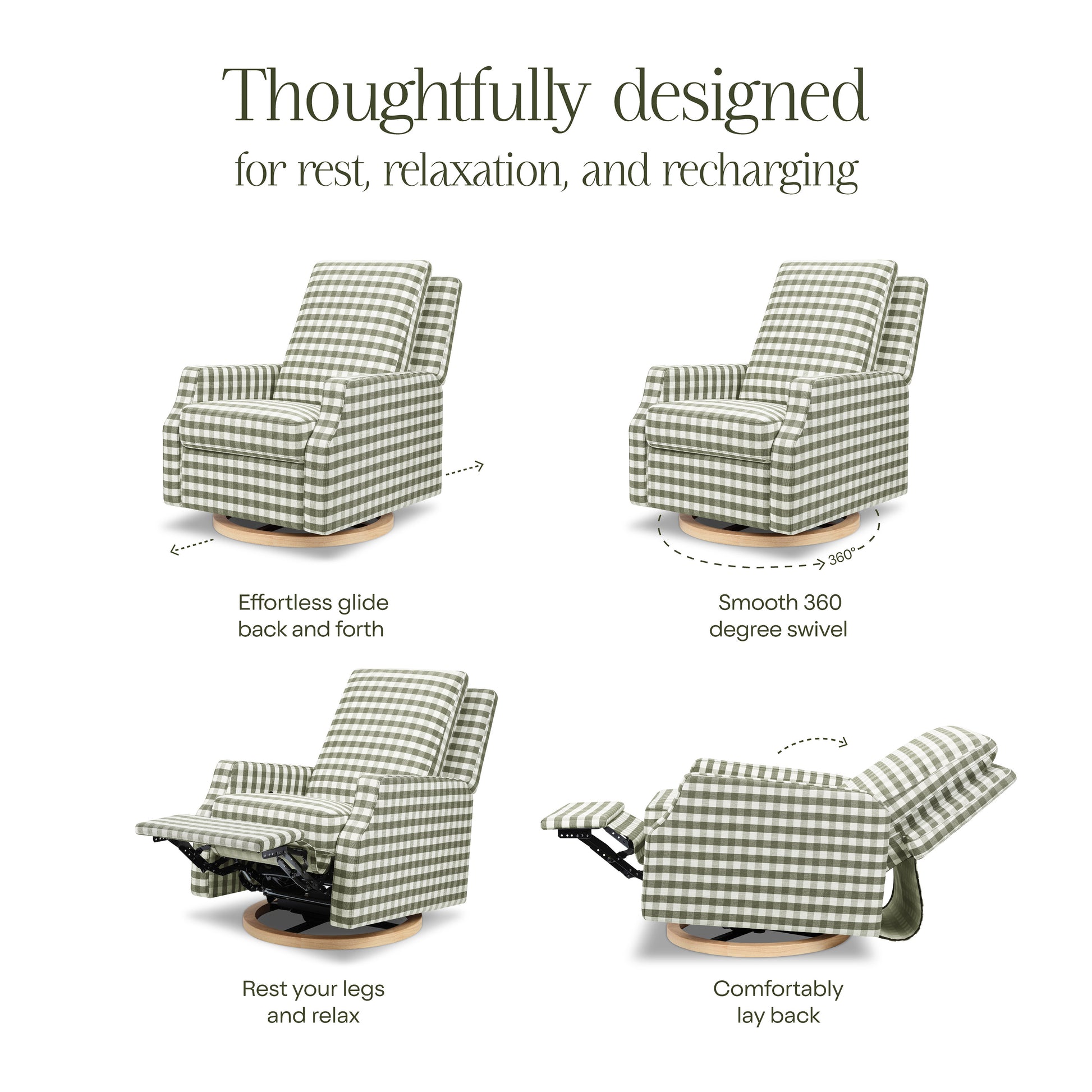 M22287GGHLB,Namesake,Crewe Recliner and Swivel Glider in Moss Green Gingham with Light Wood Base