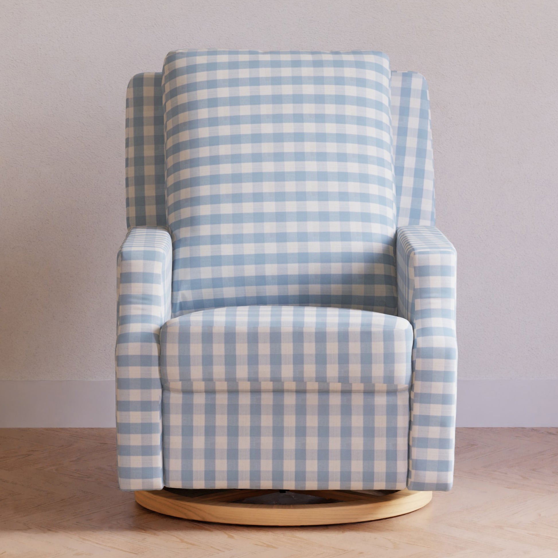 M22286BGHLB,Namesake,Crewe Electronic Swivel Glider Recliner in Blue Gingham with Light Wood Base