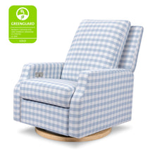 M22286BGHLB,Crewe Electronic Swivel Glider Recliner in Blue Gingham with Light Wood Base
