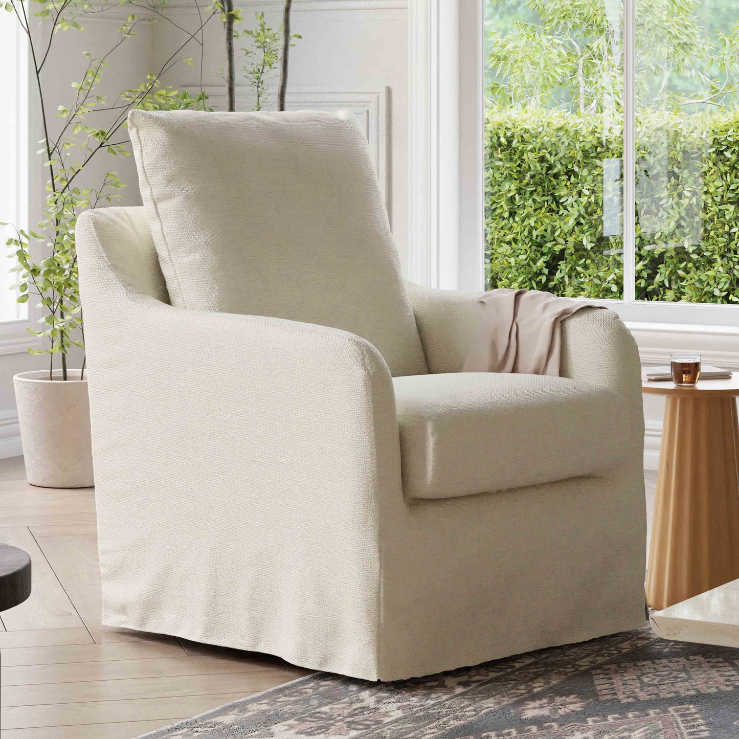 M26587IL,Namesake,Reese Slipcover Swivel Glider in Ivory Eco-Linen