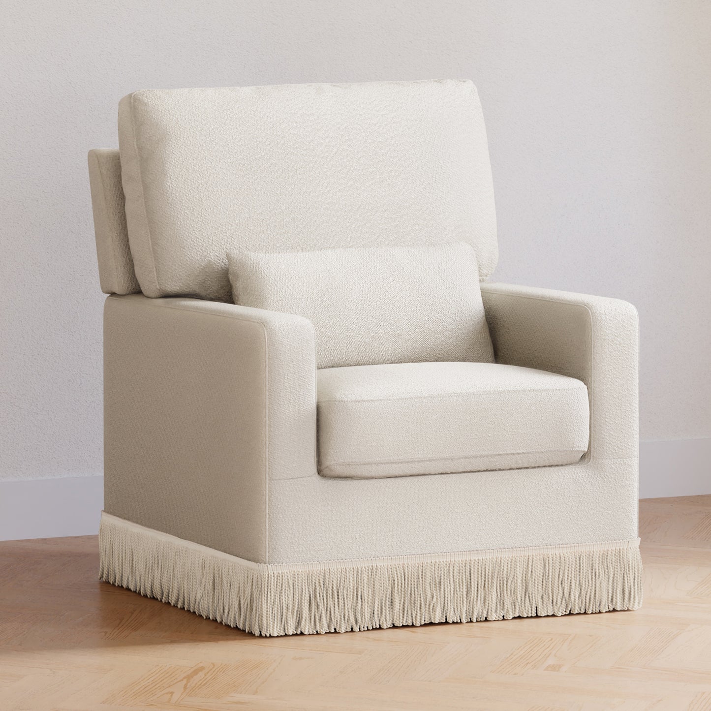 M21787WBIF,Namesake,Crawford Pillowback Comfort Swivel Glider in Ivory Boucle with Ivory Tassel Fringe